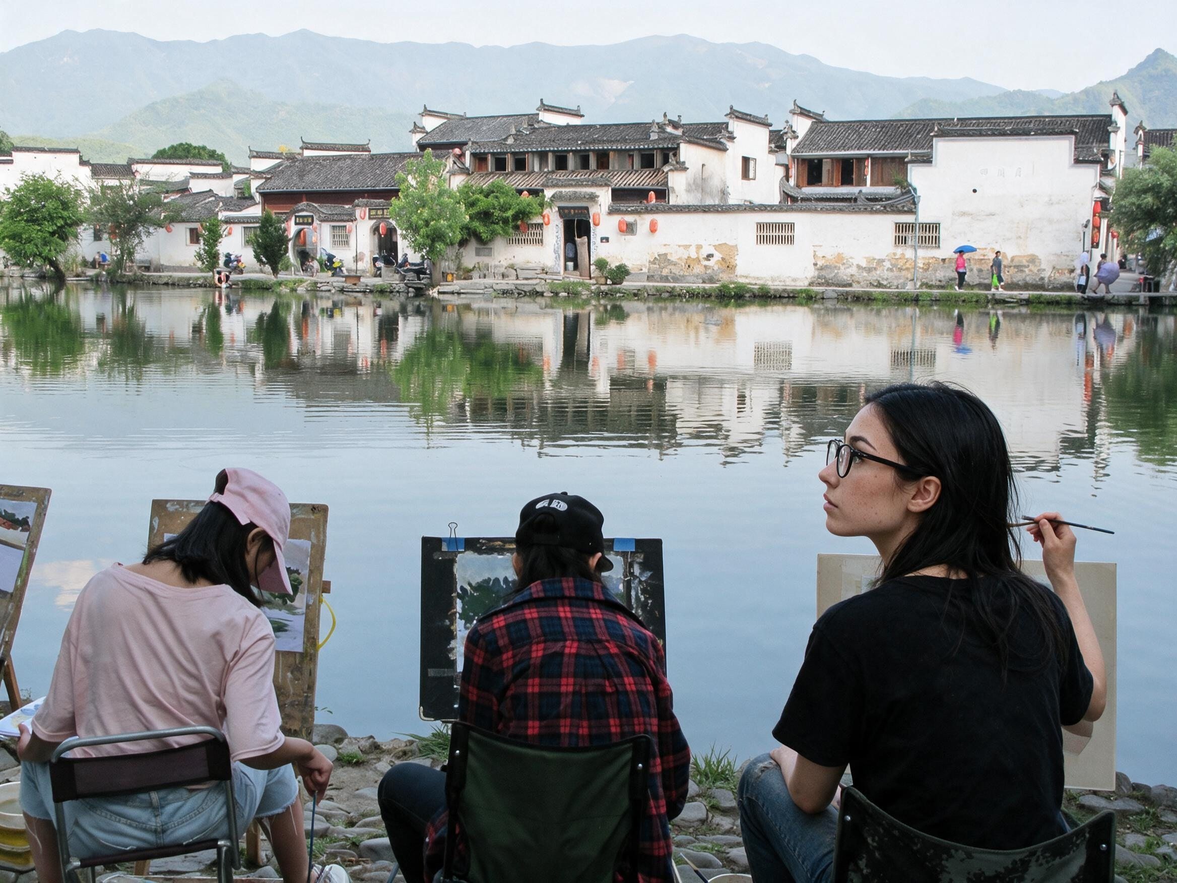 Me at an easel among art students painting Hongcun across the lake.