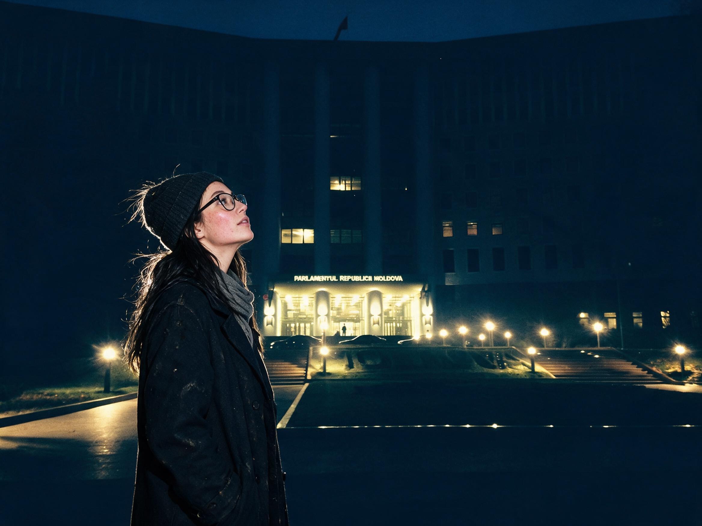 Me at the edge of the lamplight before the illuminated parliament building at night.