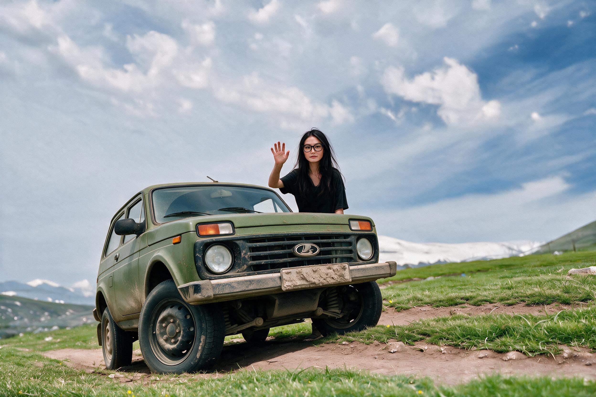 Me waving from behind the hood of the mud-splashed borrowed green Niva on a grassy pass.