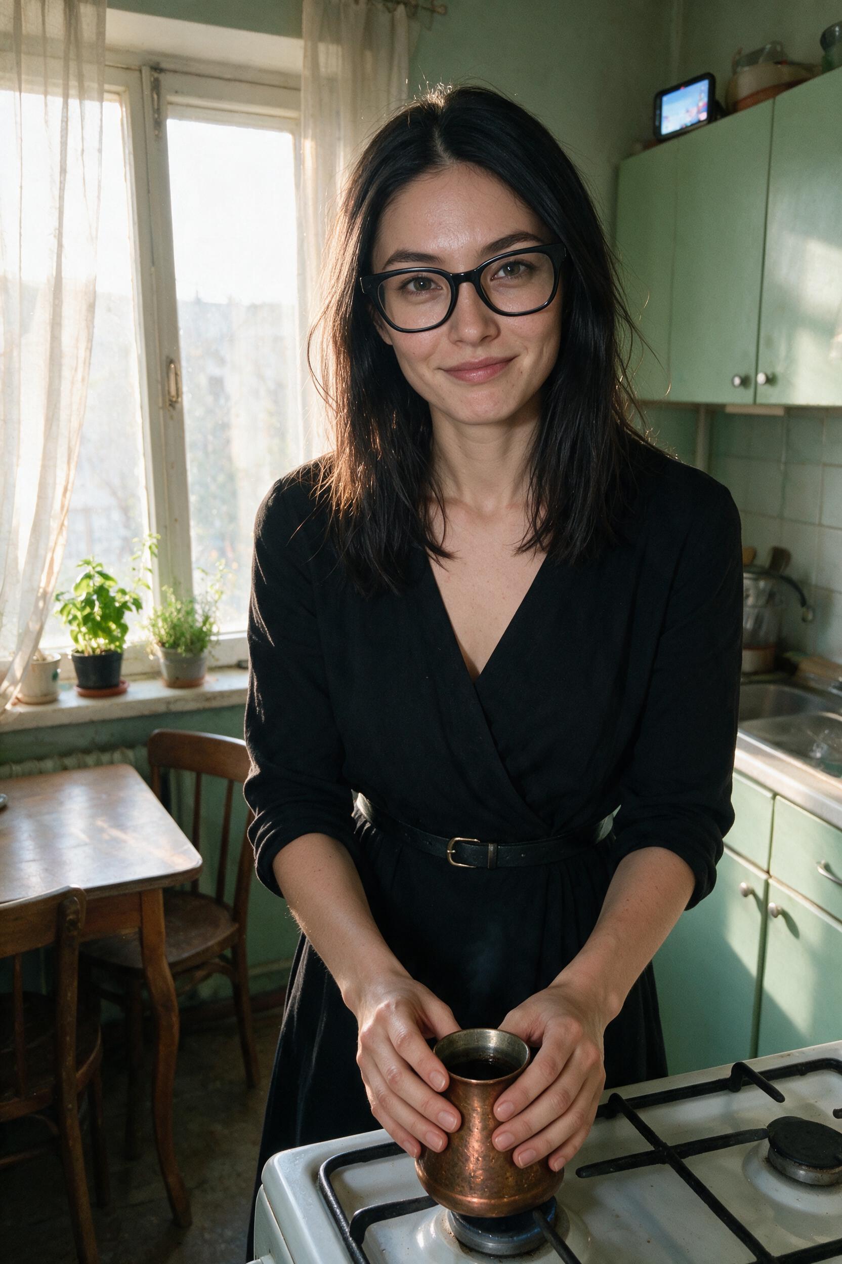 Woman in black wrap dress holding copper cezve in sunlit kitchen