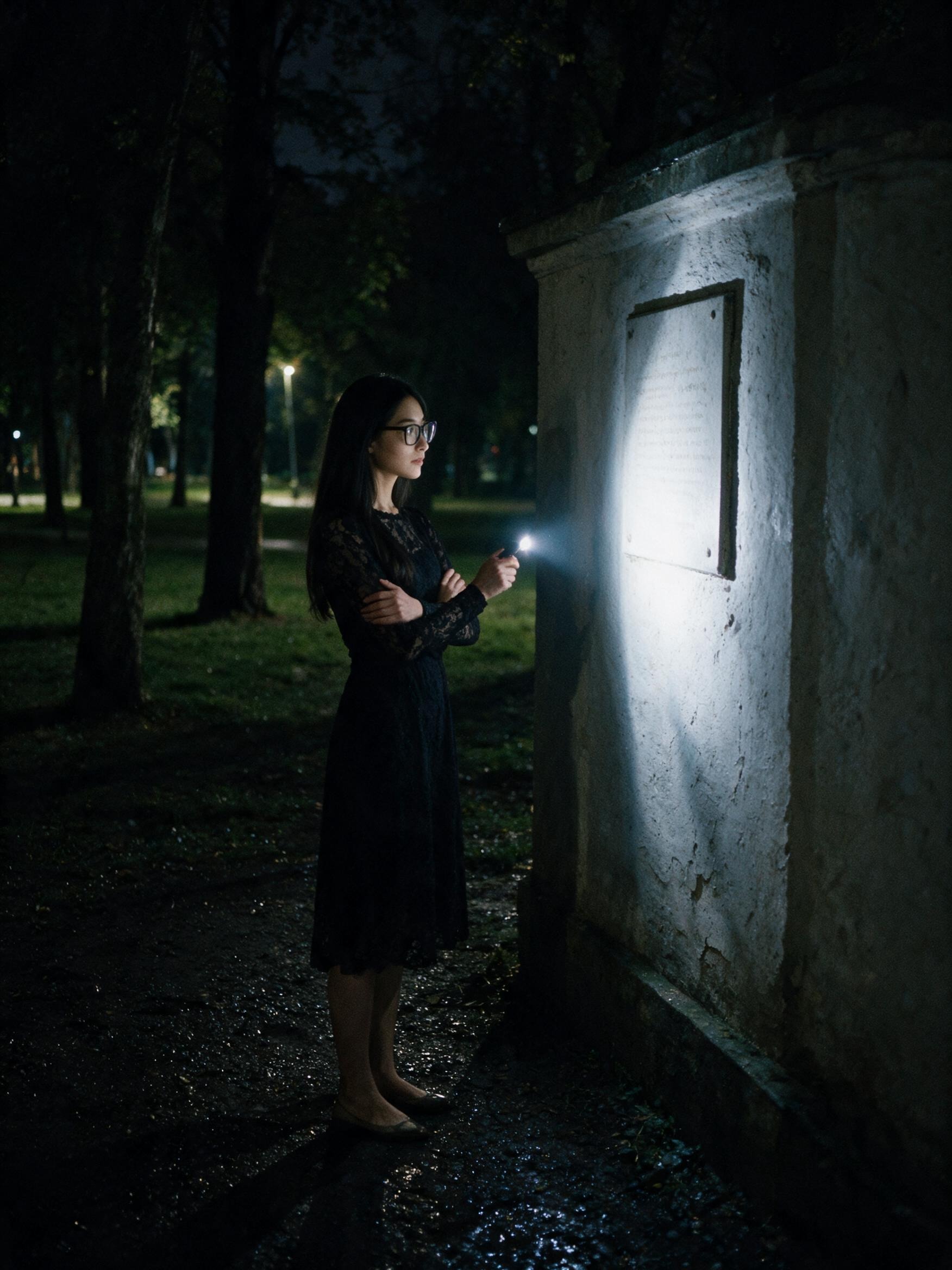 Me at the wall at Feofaniya after dark, phone torch on the plaque, wet gravel underfoot.