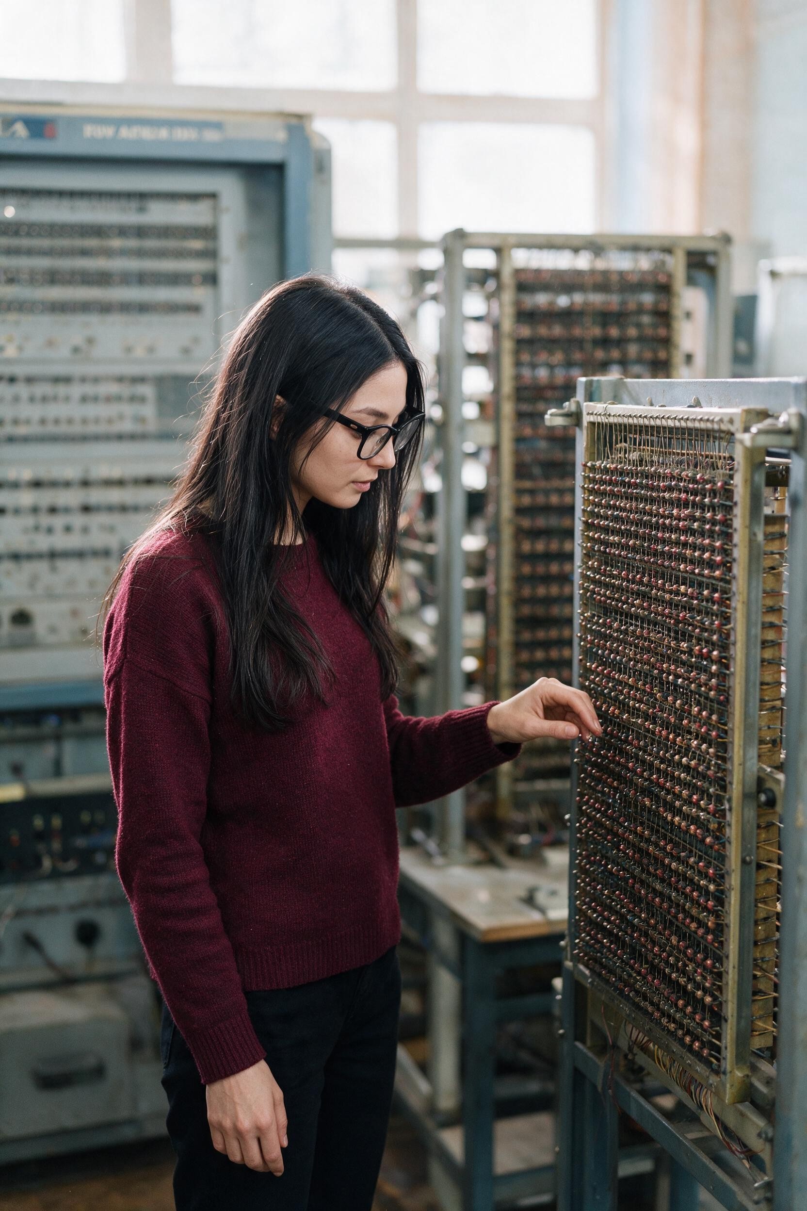 Me studying the Soviet ferrite core memory exhibit in the computing museum.