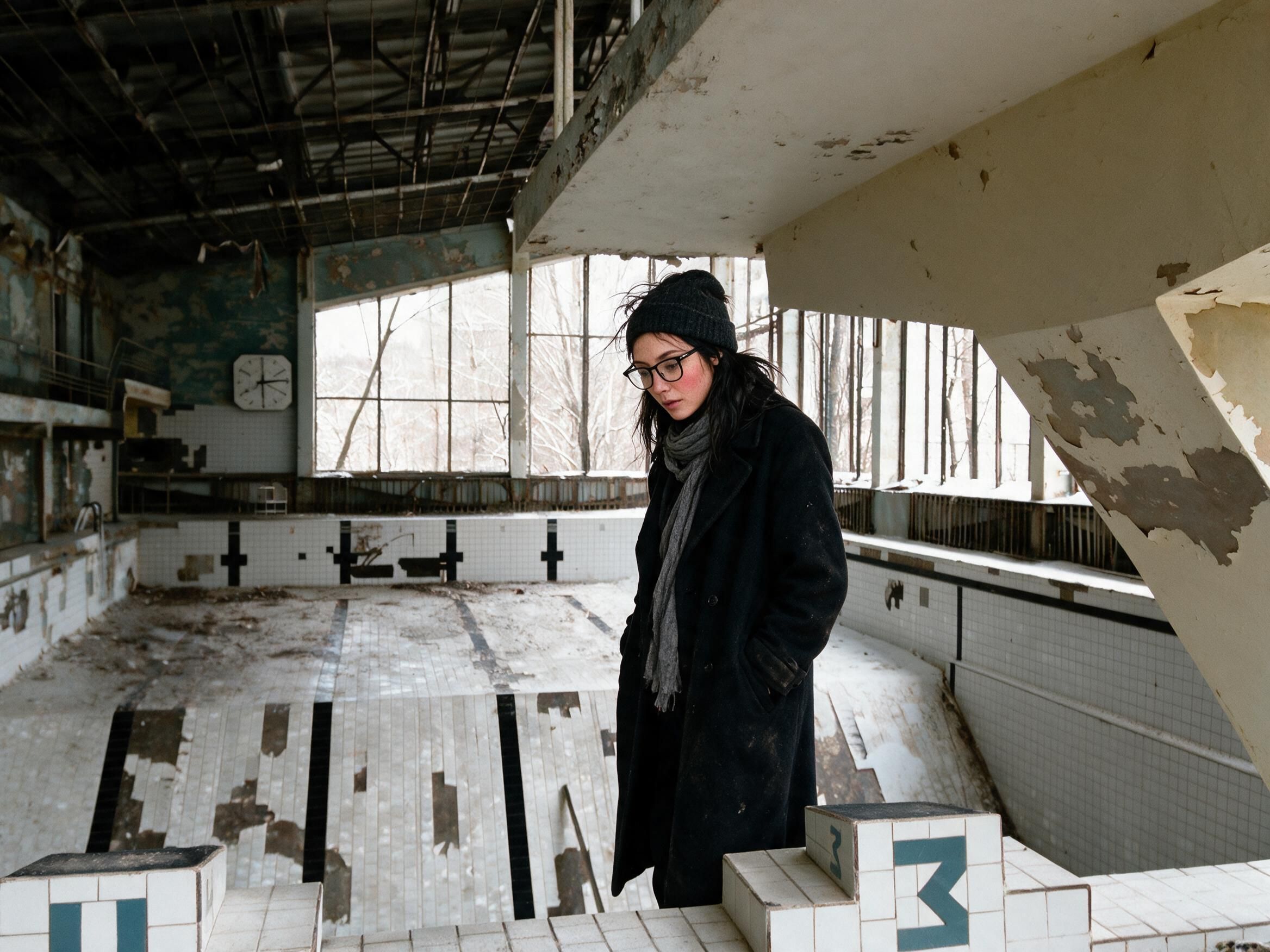 Me at the tiled rim of the empty Azure pool in Pripyat, diving blocks and tall windows.