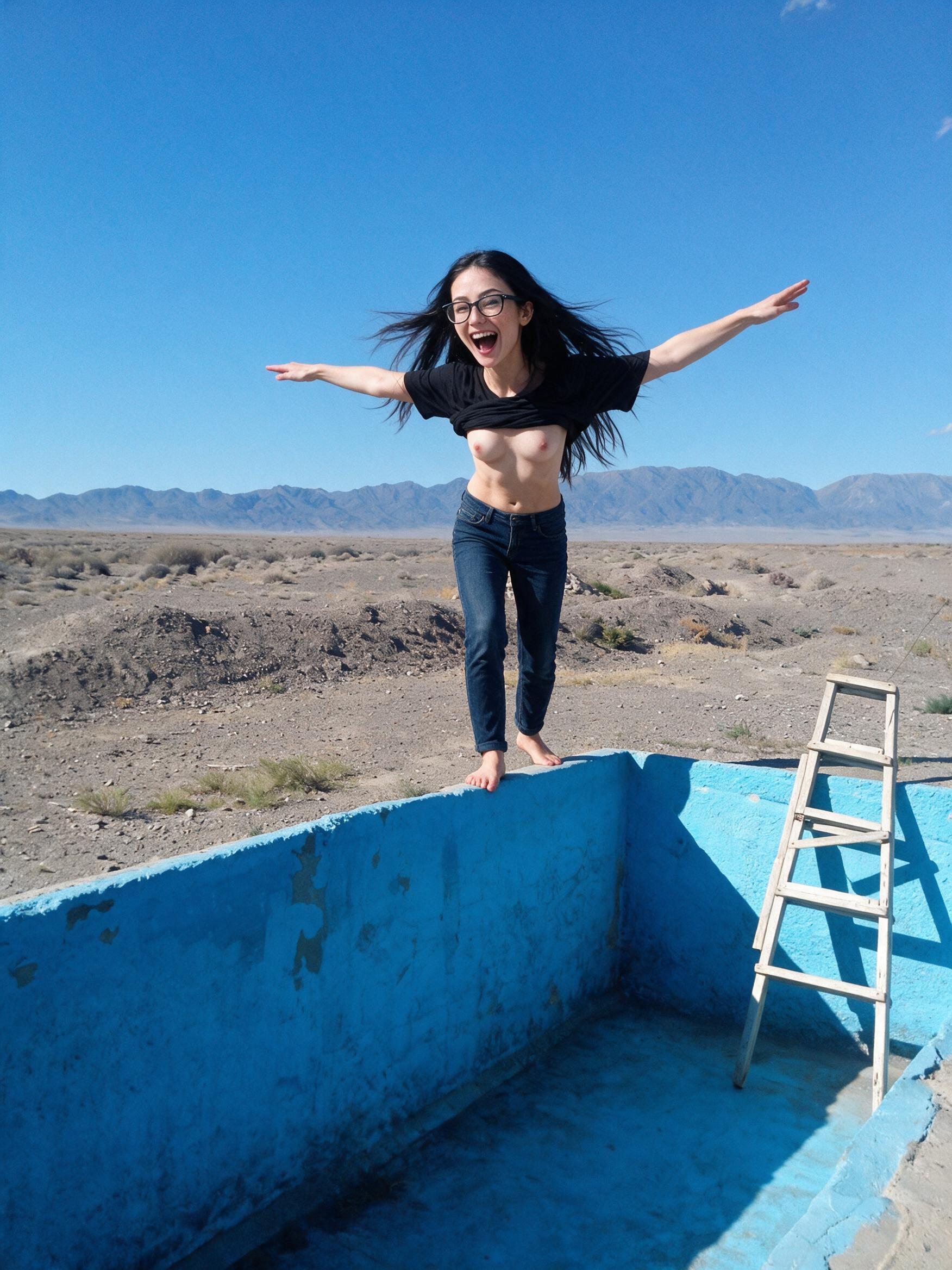 Me laughing on the rim of an empty blue pool in the steppe, t-shirt half up.