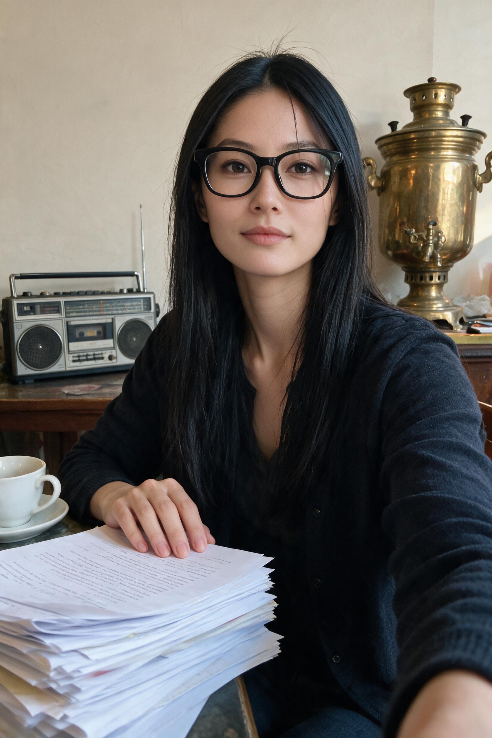 Me at the table, hand on a tall stack of manuscript pages. Cassette radio and samovar behind.