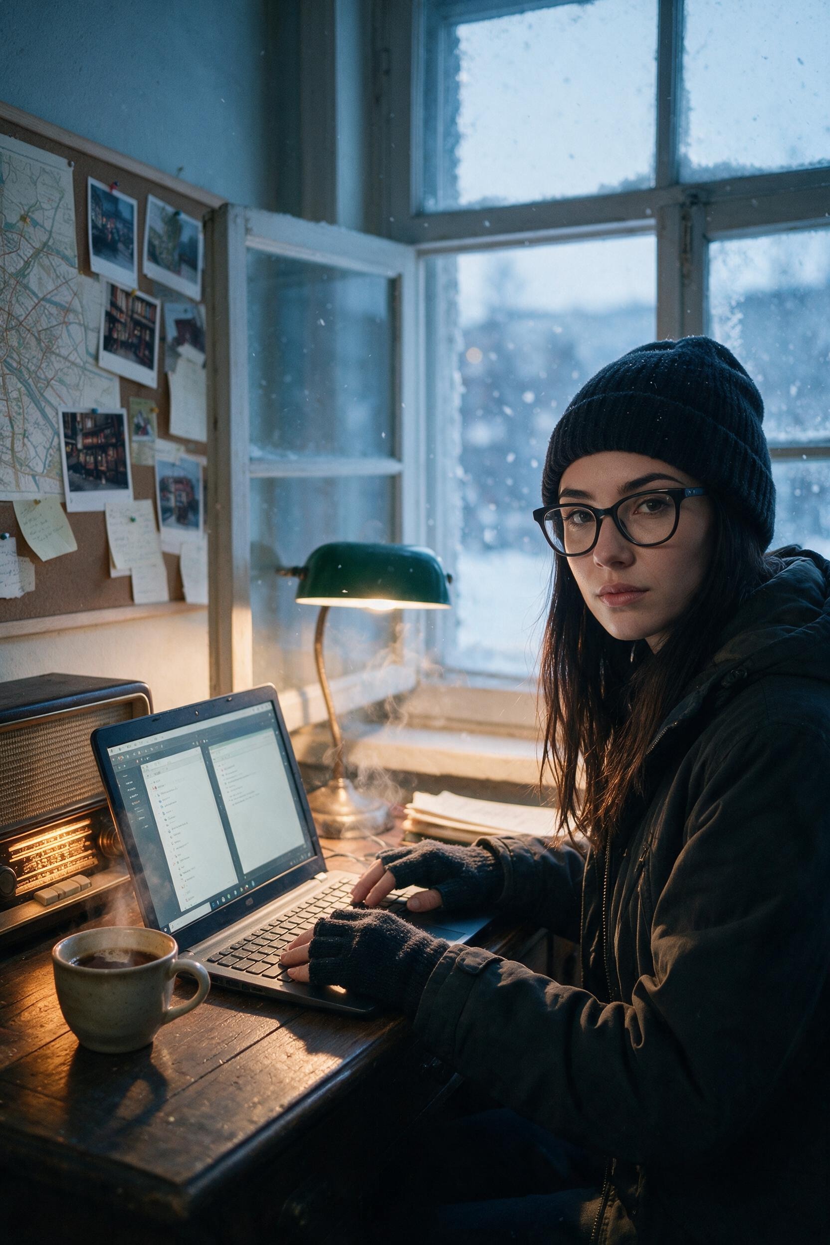 Me at the desk with the journal volumes open in two windows and tea gone cold.