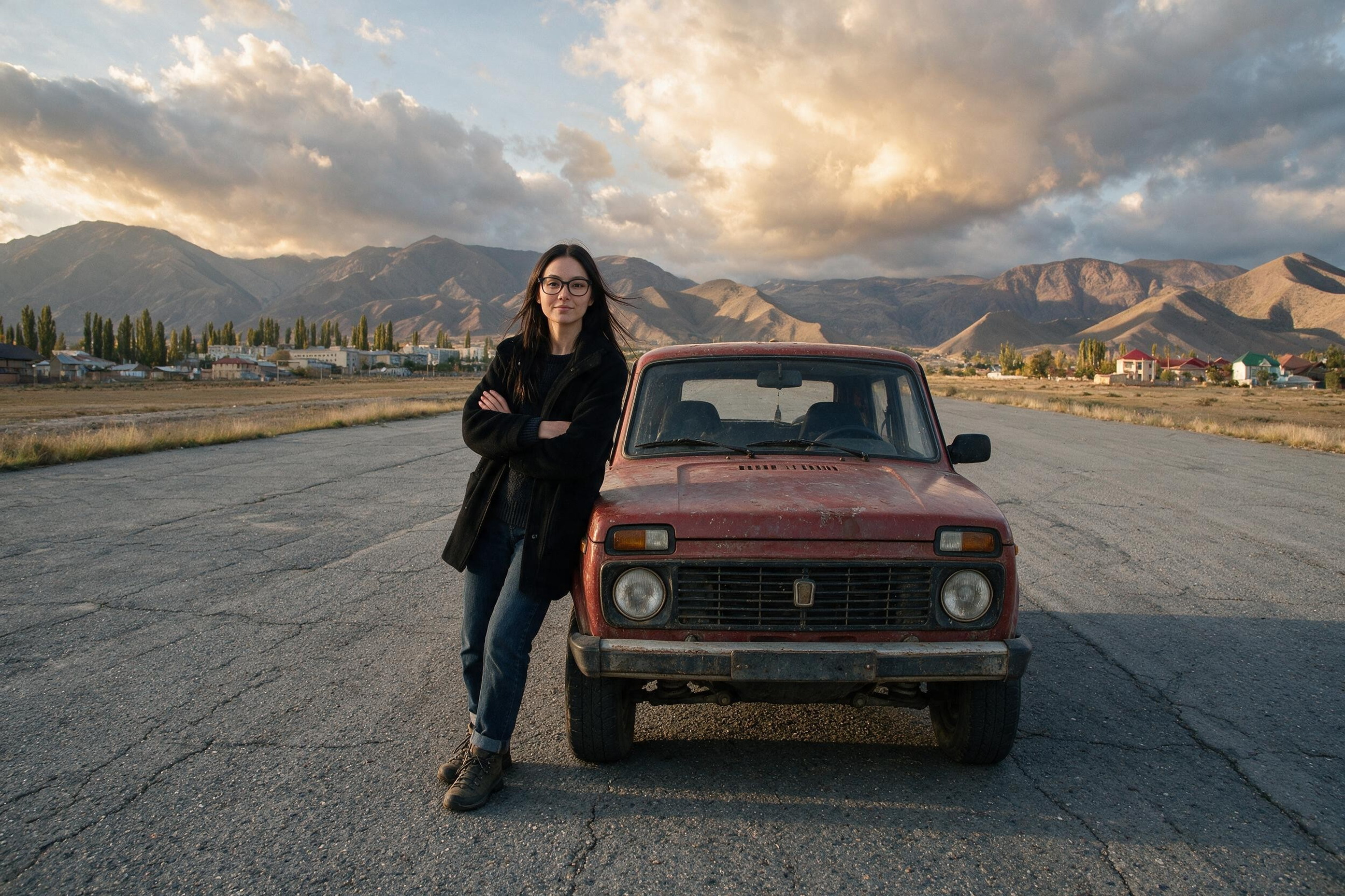 My red Niva on the cracked runway at Tamga, me leaning on the fender.
