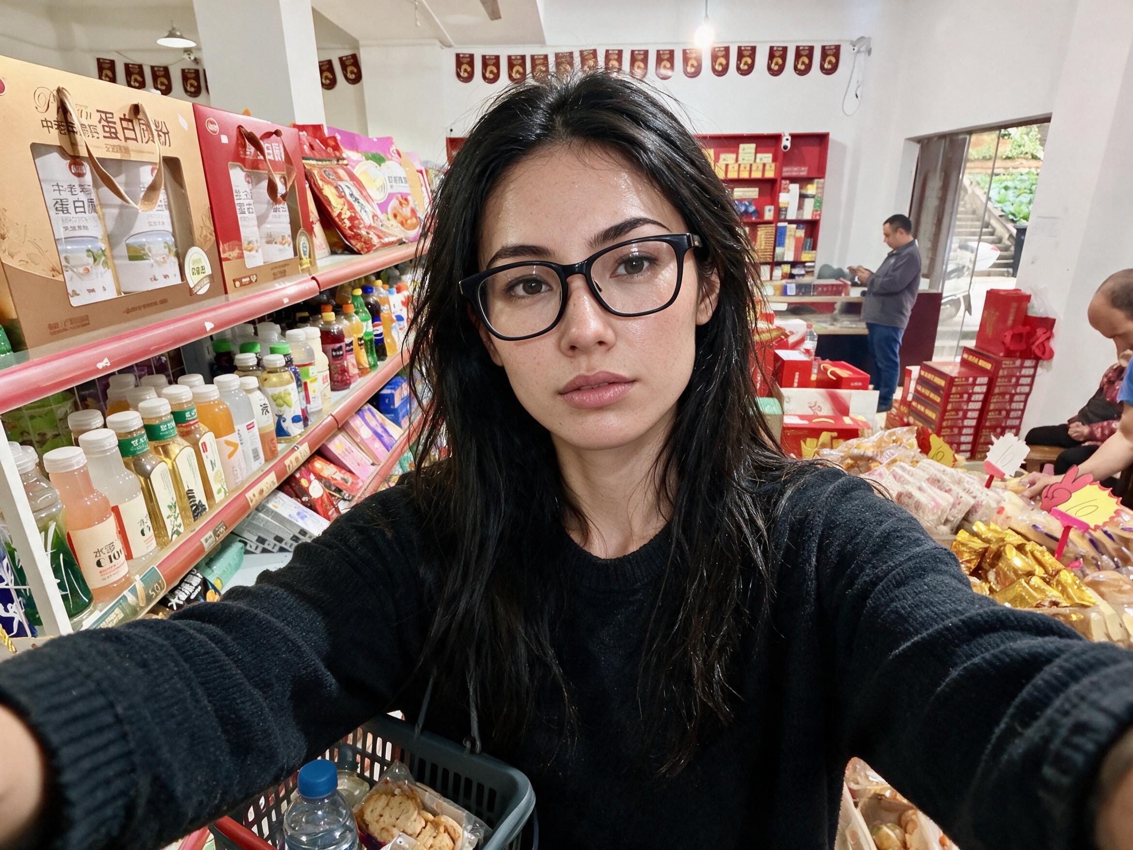 Me with a shopping basket in a village shop: drink shelves, gift boxes, red pennants.