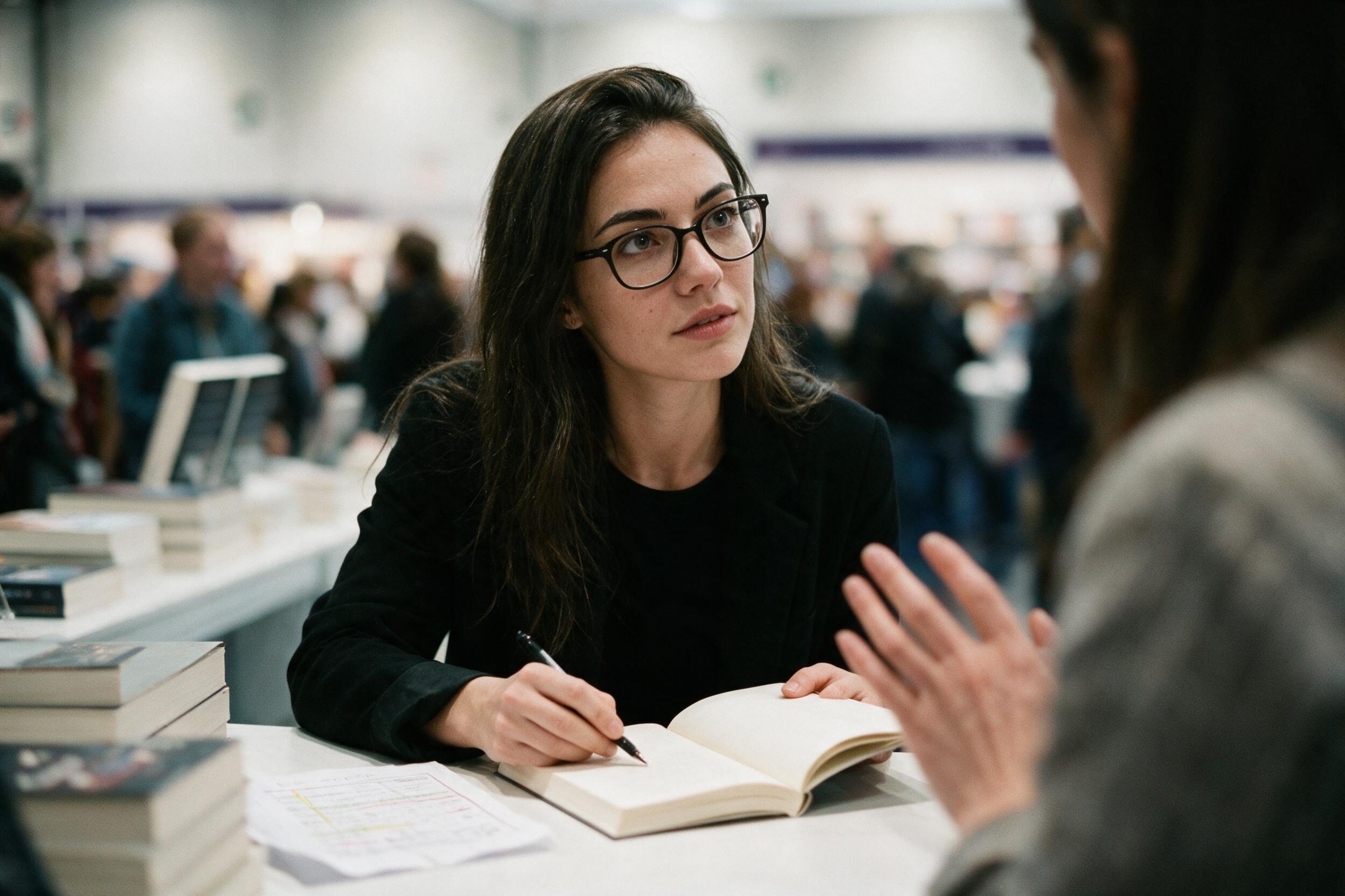 Me looking up from the signing table at the reader across it, pen still on the open page, their three-colour-underlined photocopy beside my hand.