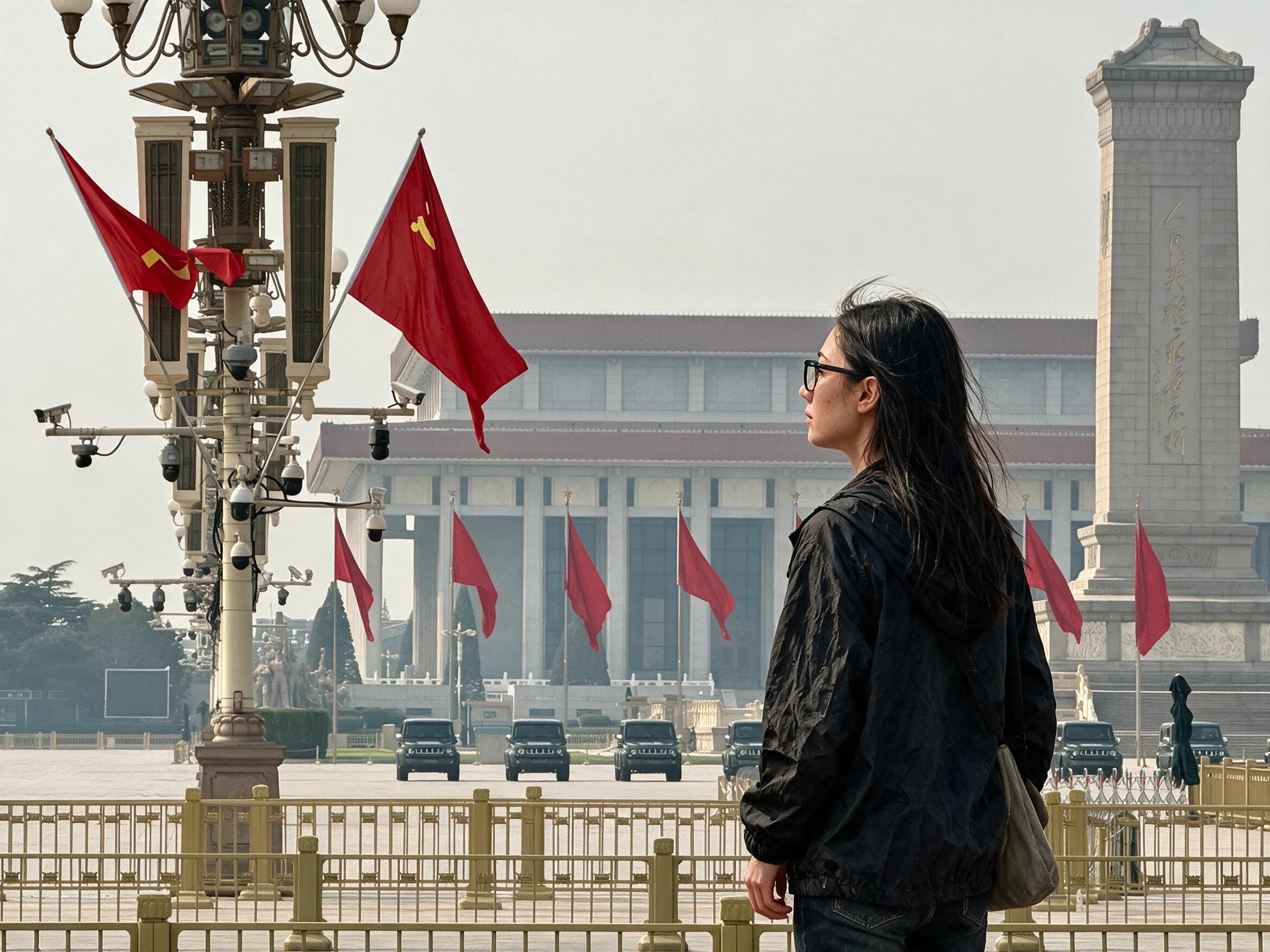 Me from behind at a golden barrier on hazy Tiananmen Square, red flags and the mausoleum beyond.