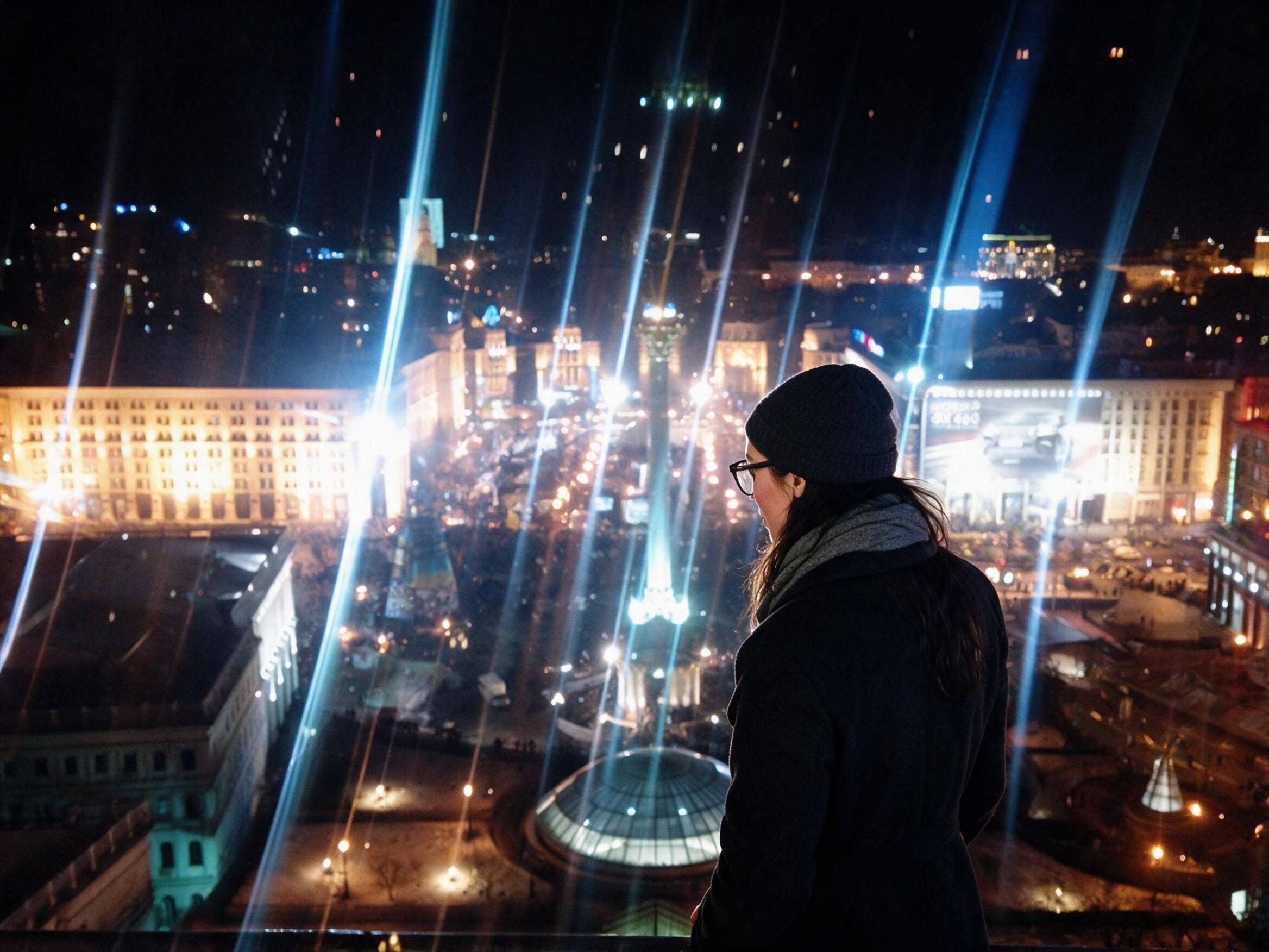Me from behind at a railing above the lit Maidan Nezalezhnosti at night.