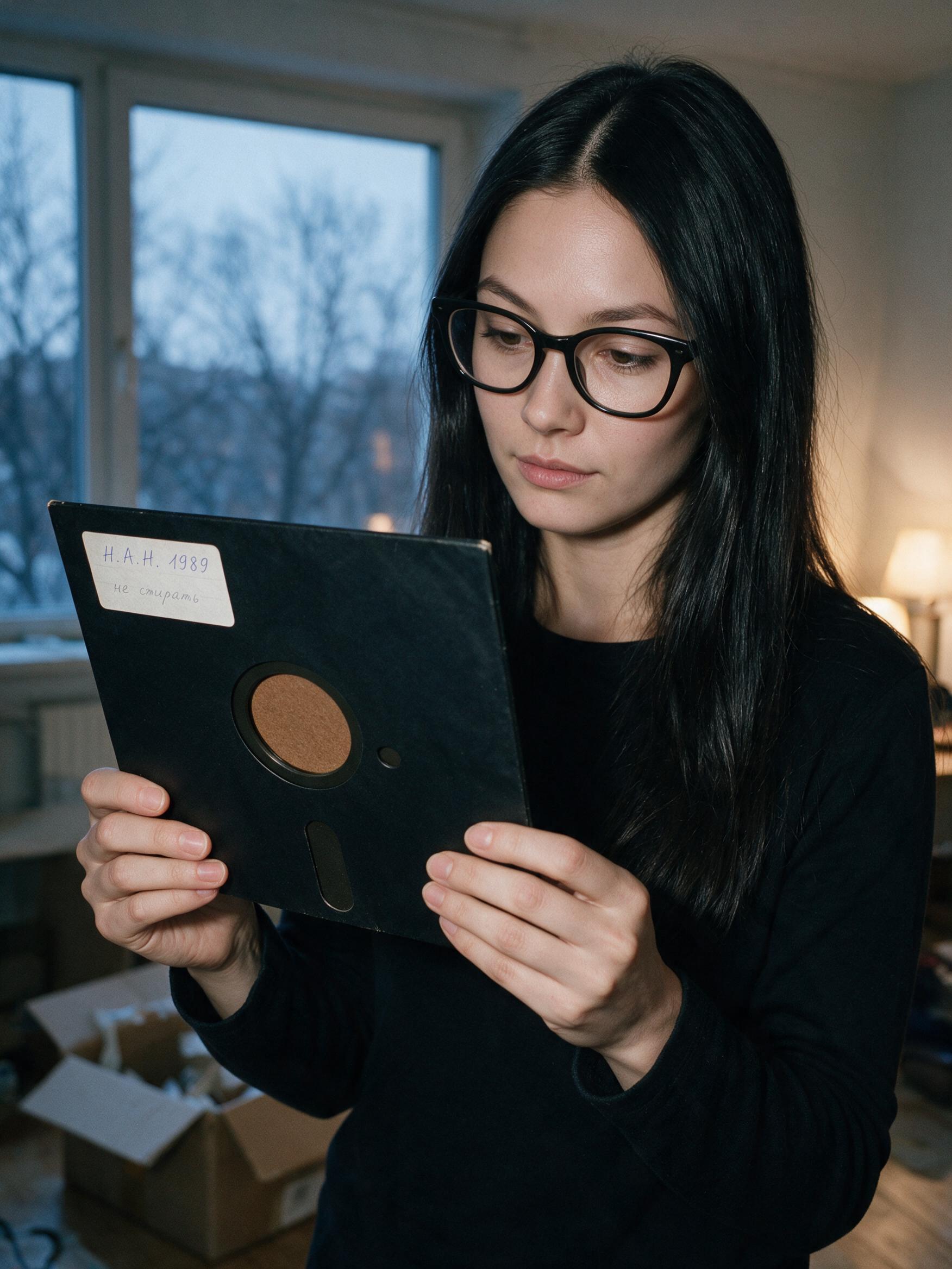 Me at the desk at night with the black eight-inch disk out of its paper sleeve.