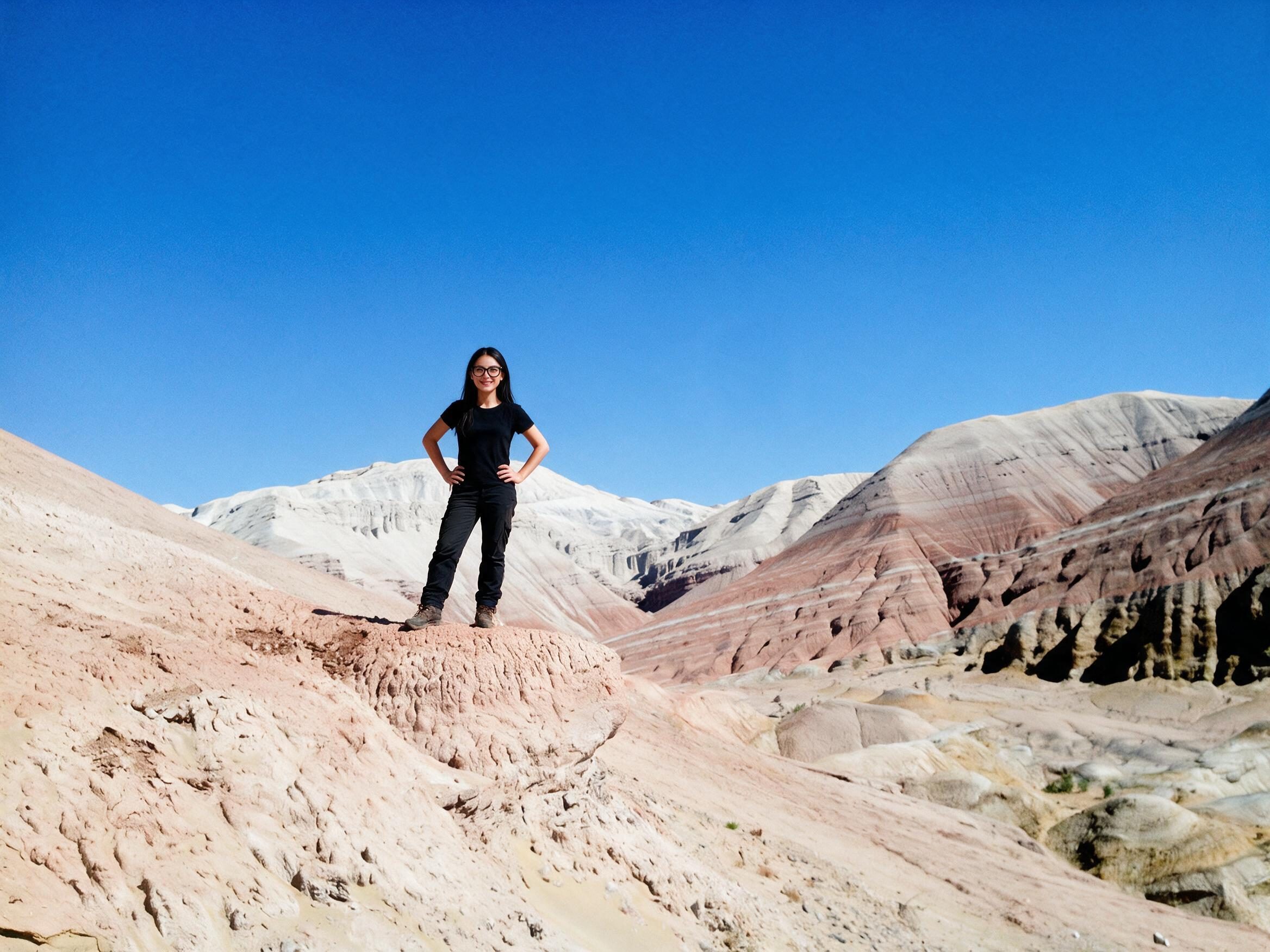 Me, hands on hips, on a clay ridge before the banded Aktau mountains.