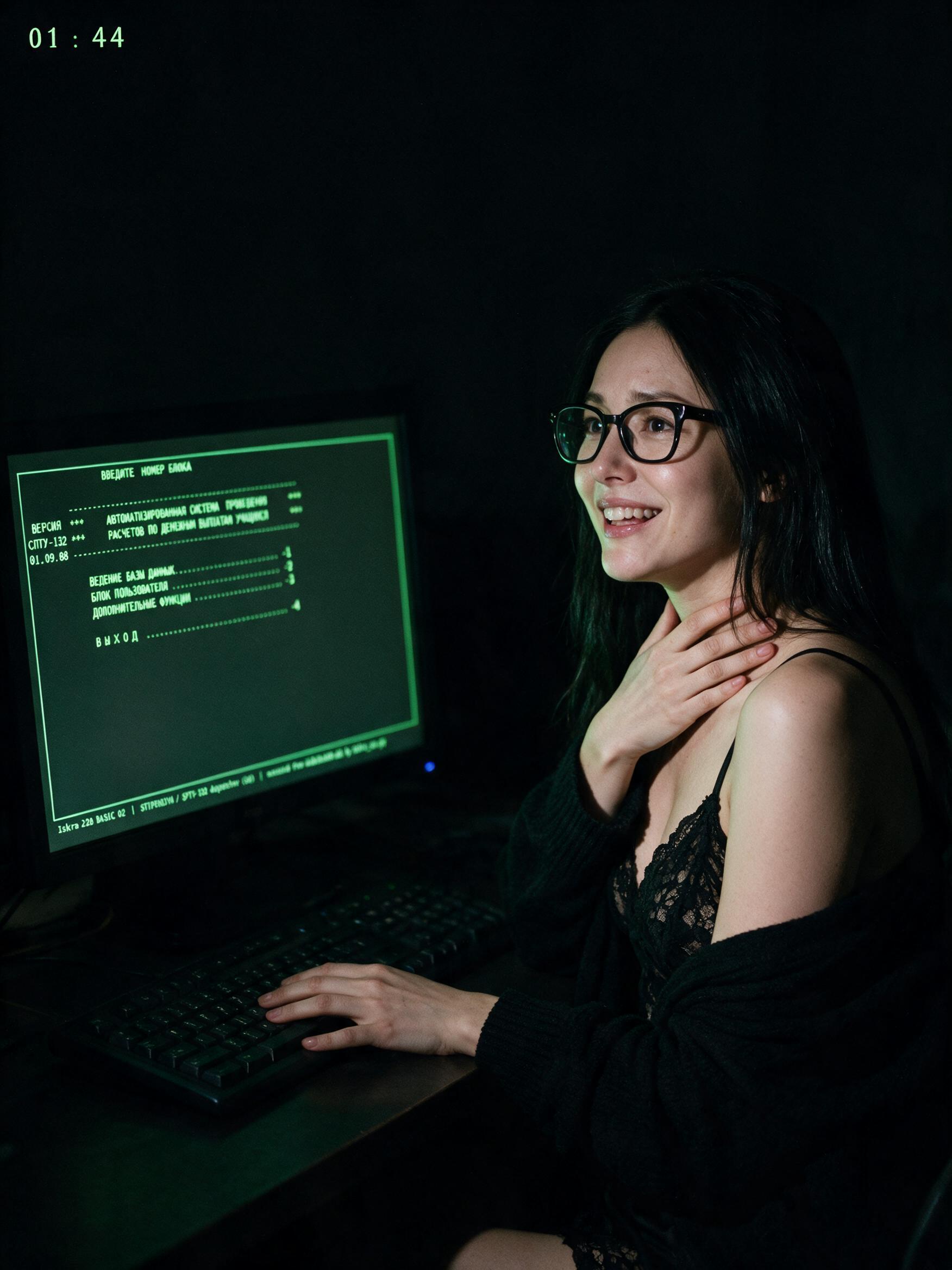Me at the screen before dawn, the dispatcher menu up in green Cyrillic, one hand at my throat.