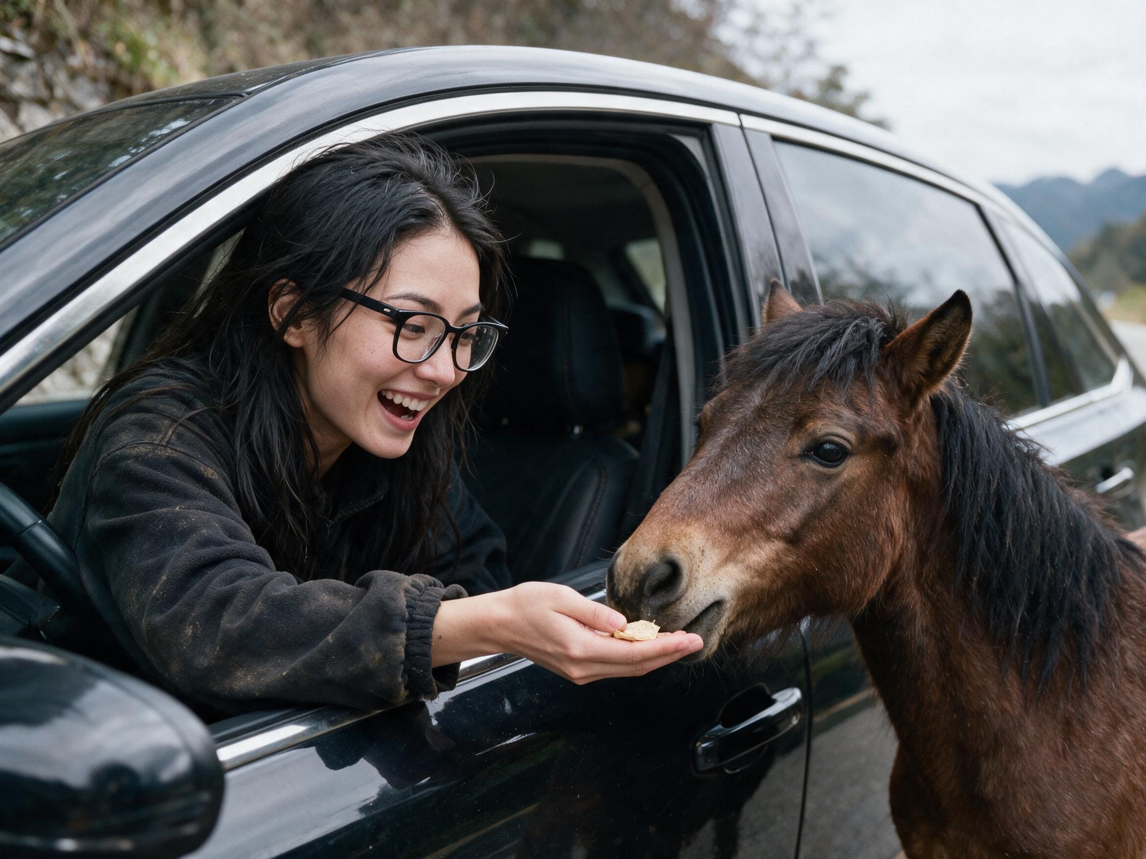 Me laughing from the car window as a brown horse pushes its head inside, mountain road behind.