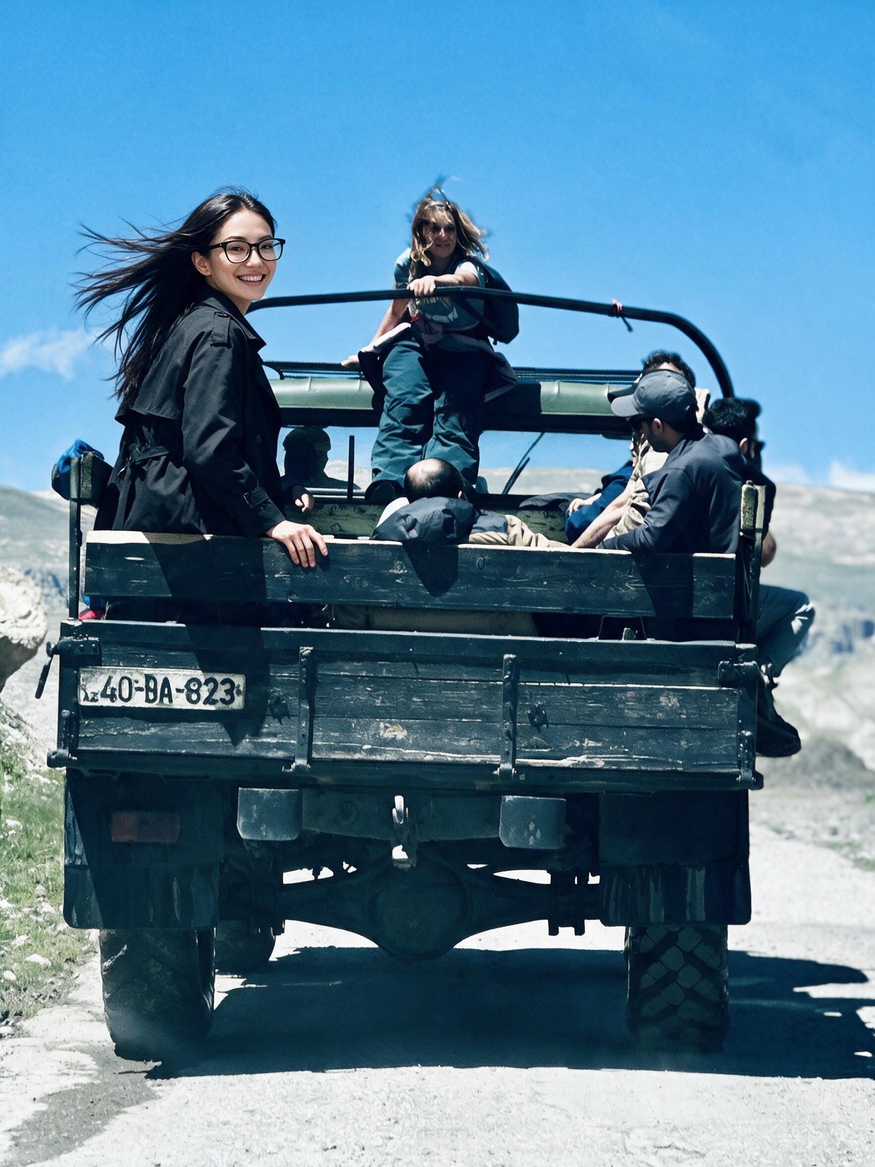 Me grinning on the wooden bed of an old green truck on a dusty mountain road.
