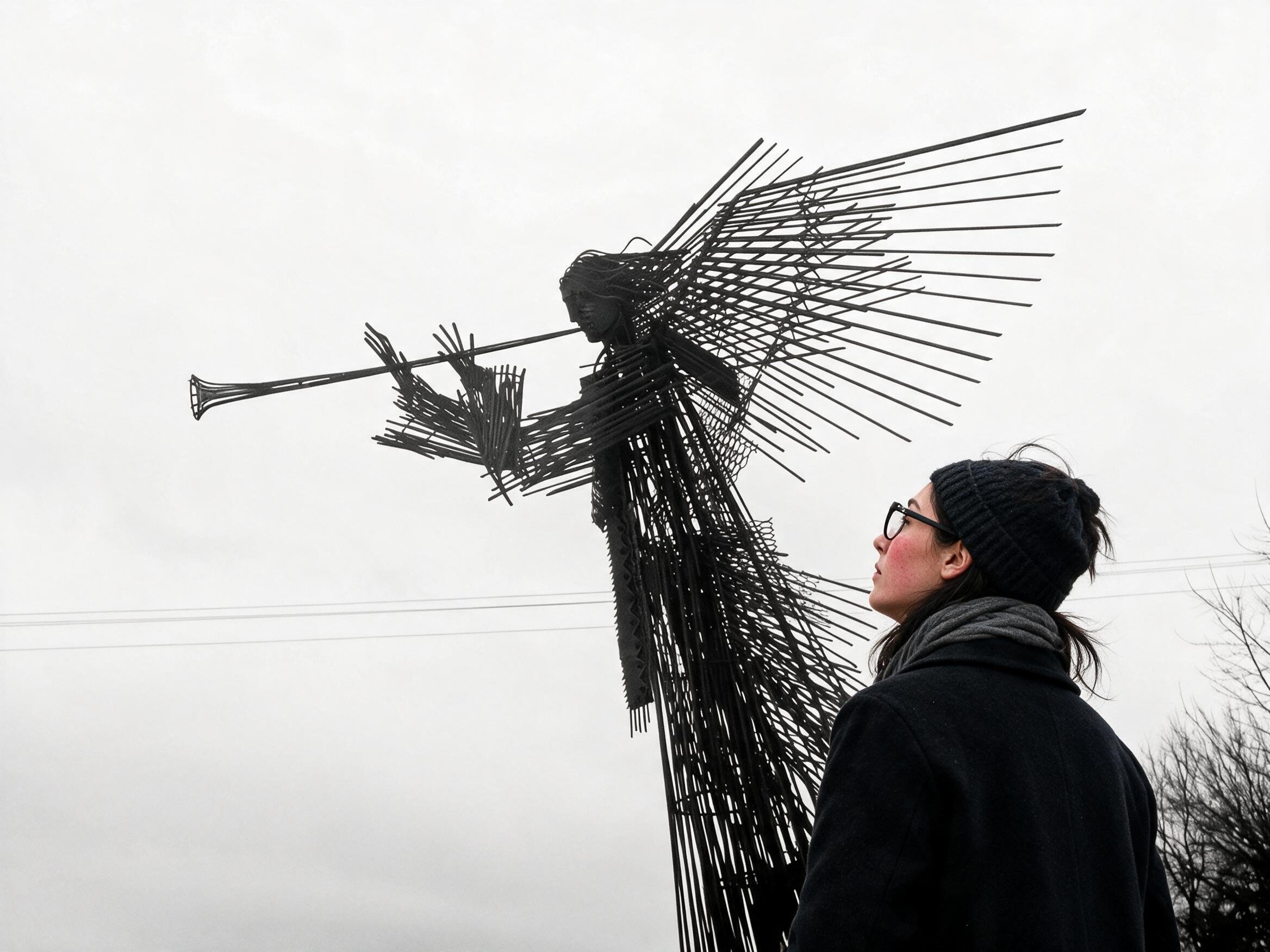 Me small before the dark welded-steel angel with a trumpet against a white sky.