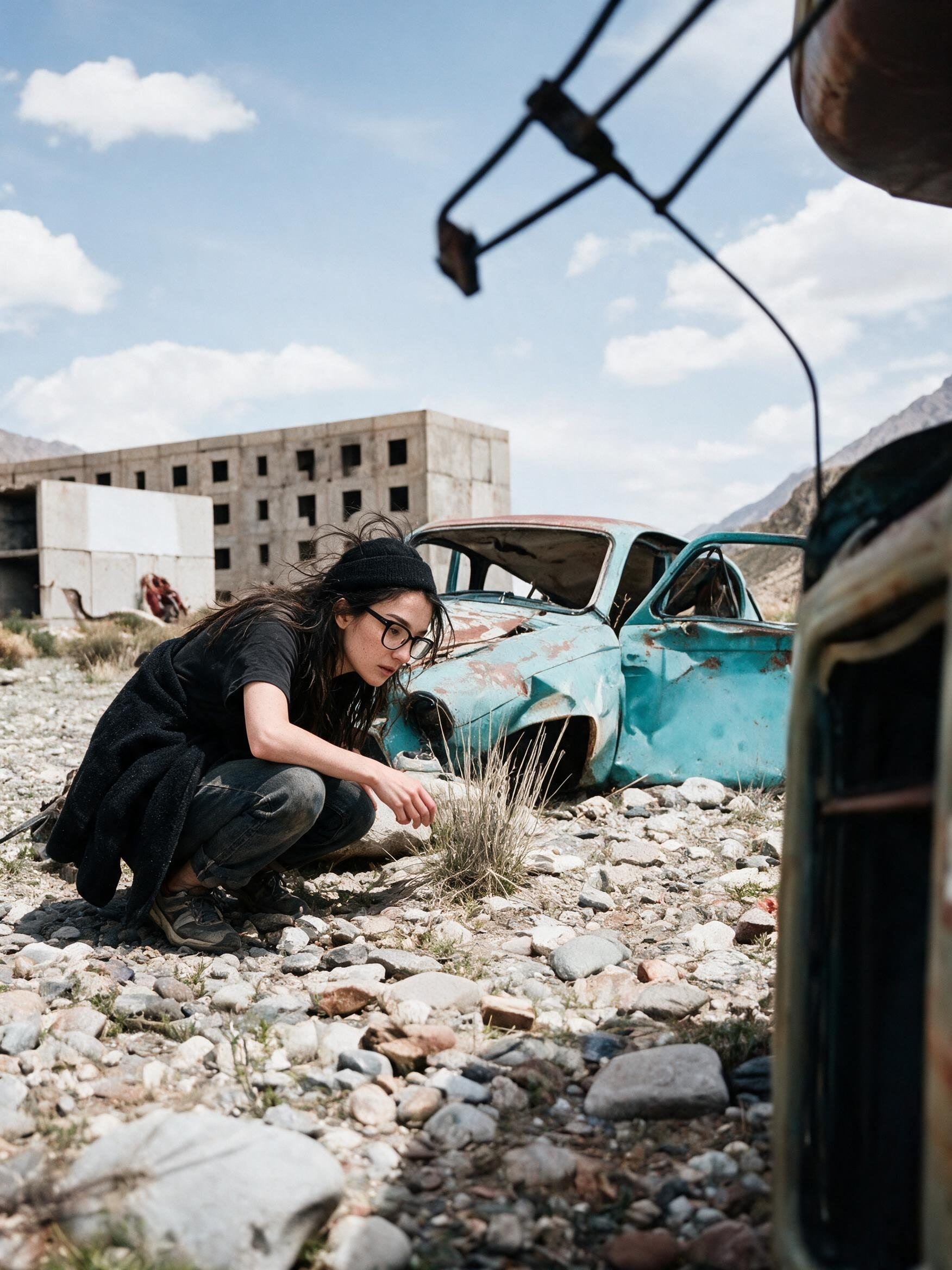 Me crouching beside a rusted turquoise Soviet car wreck on river gravel.