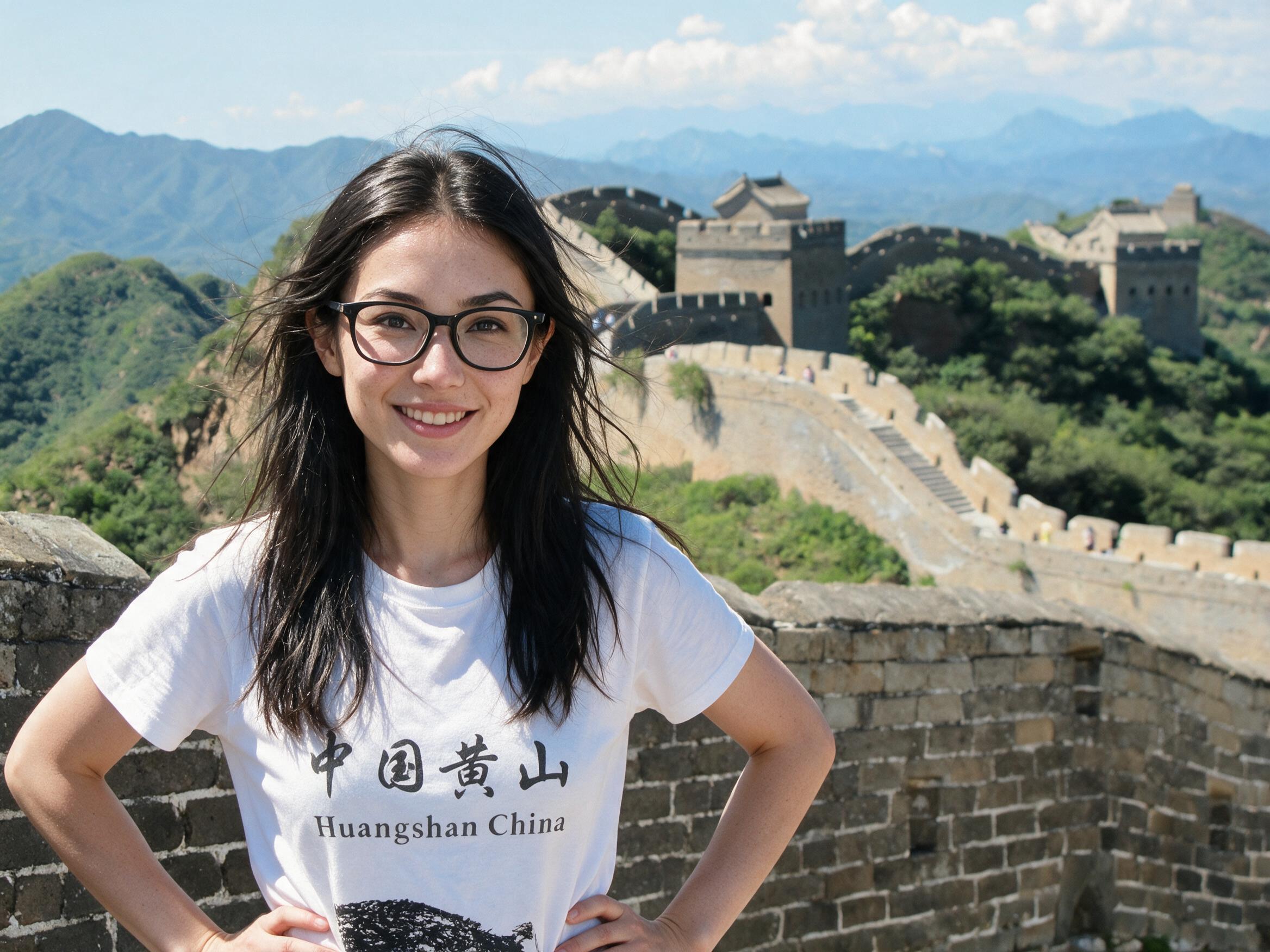 Me in a Huangshan t-shirt on the Great Wall, watchtowers on the green ridges behind.