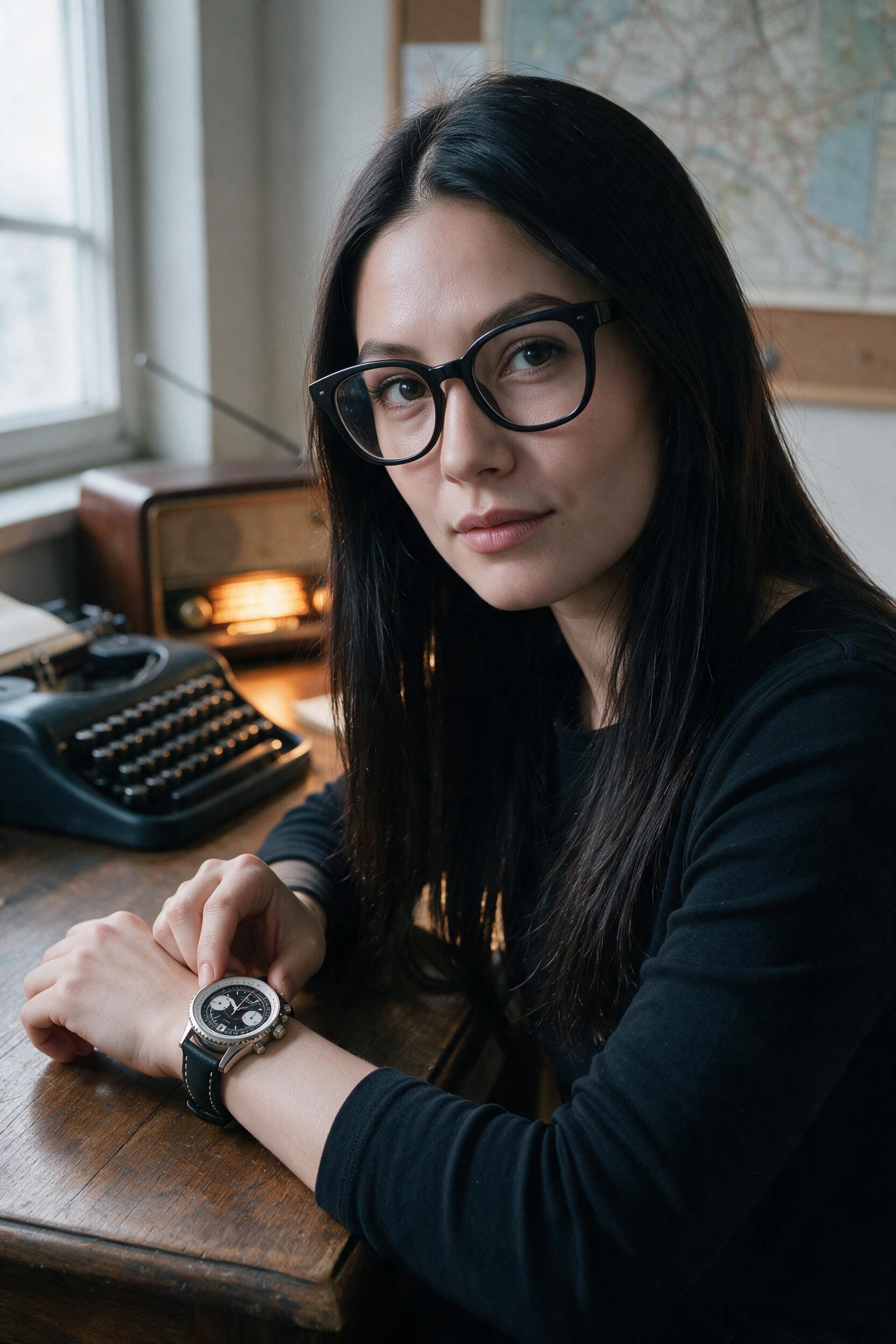 Me at the desk winding the Poljot chronograph, typewriter and corkboard behind.