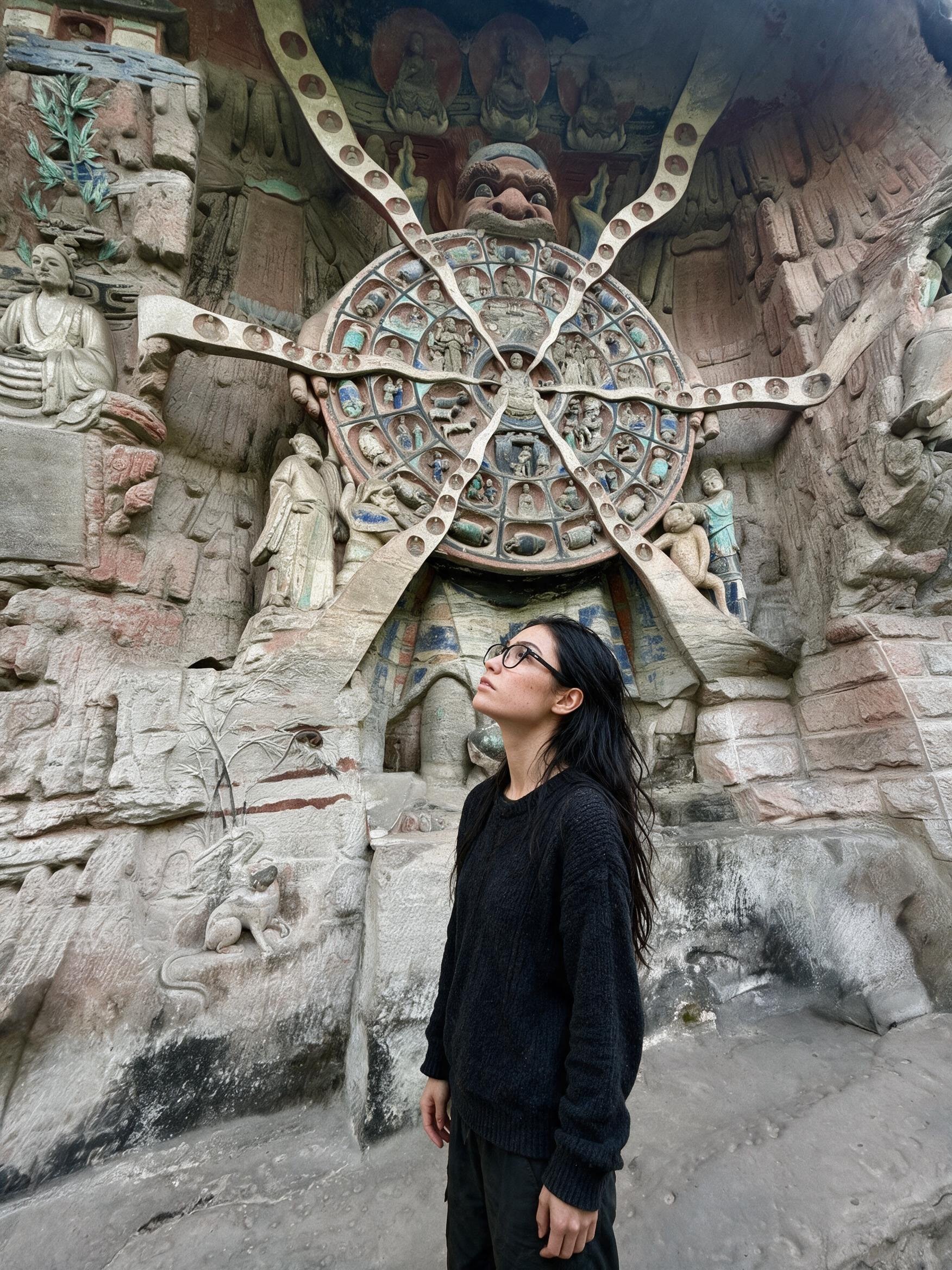 Me, small before the carved Wheel of Rebirth in the Dazu rock niche.