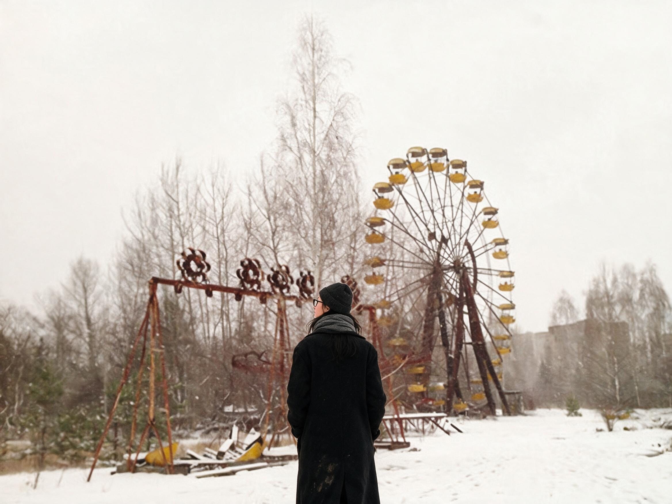 Me standing small under the rusted yellow ferris wheel of Pripyat in the snow.