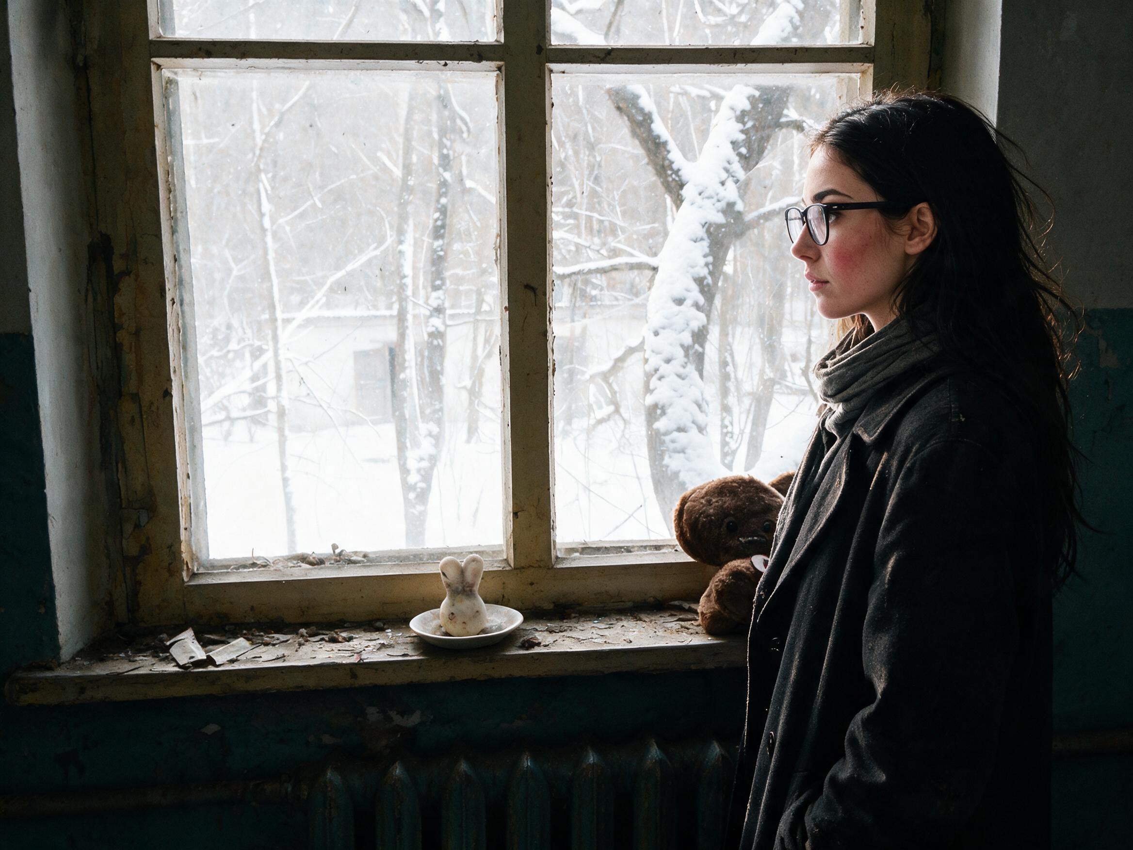 Me in profile at a ruined window, small objects on the sill, looking out through broken panes.