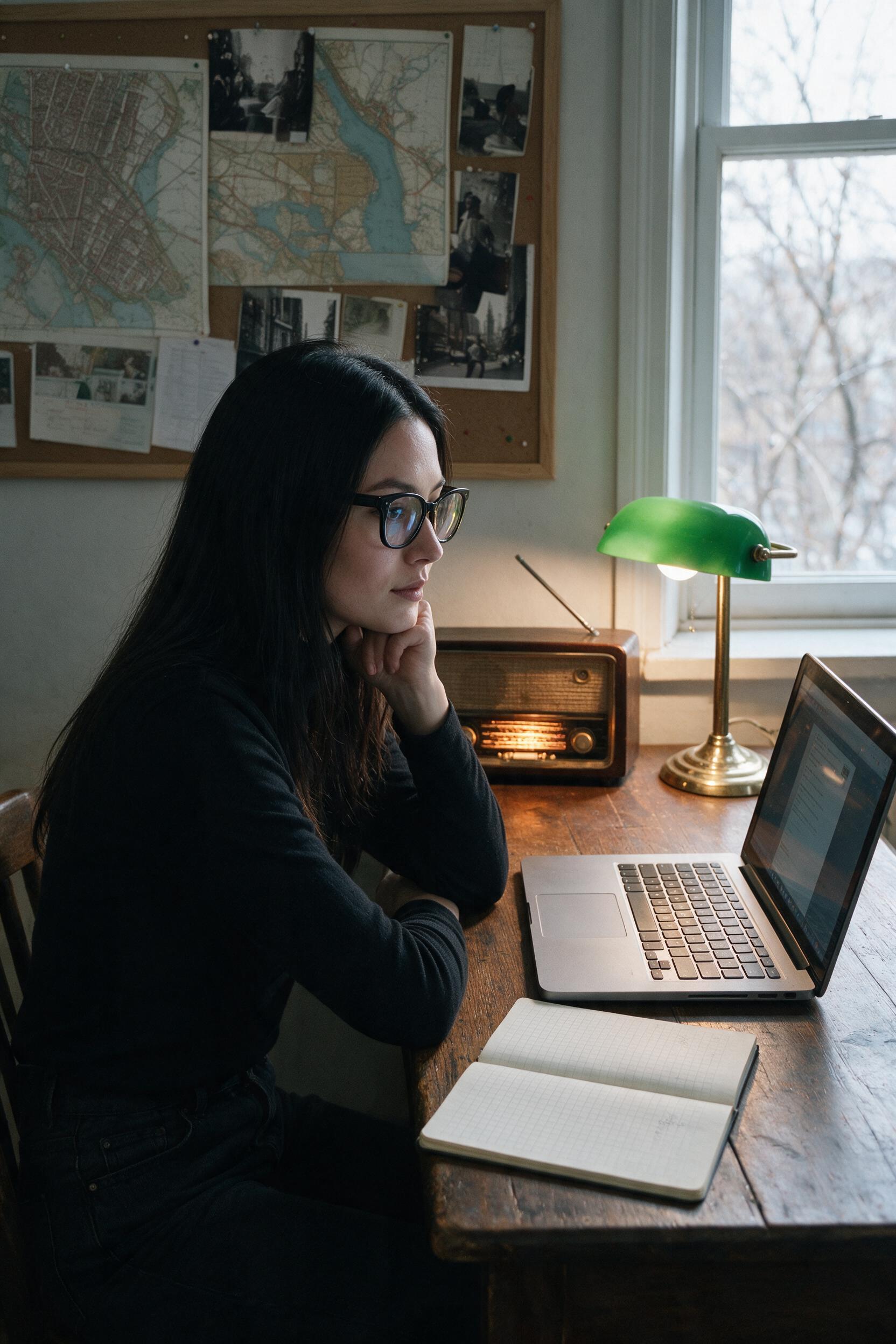 Me at the kitchen table with a scanned Cyrillic title page open on the screen.