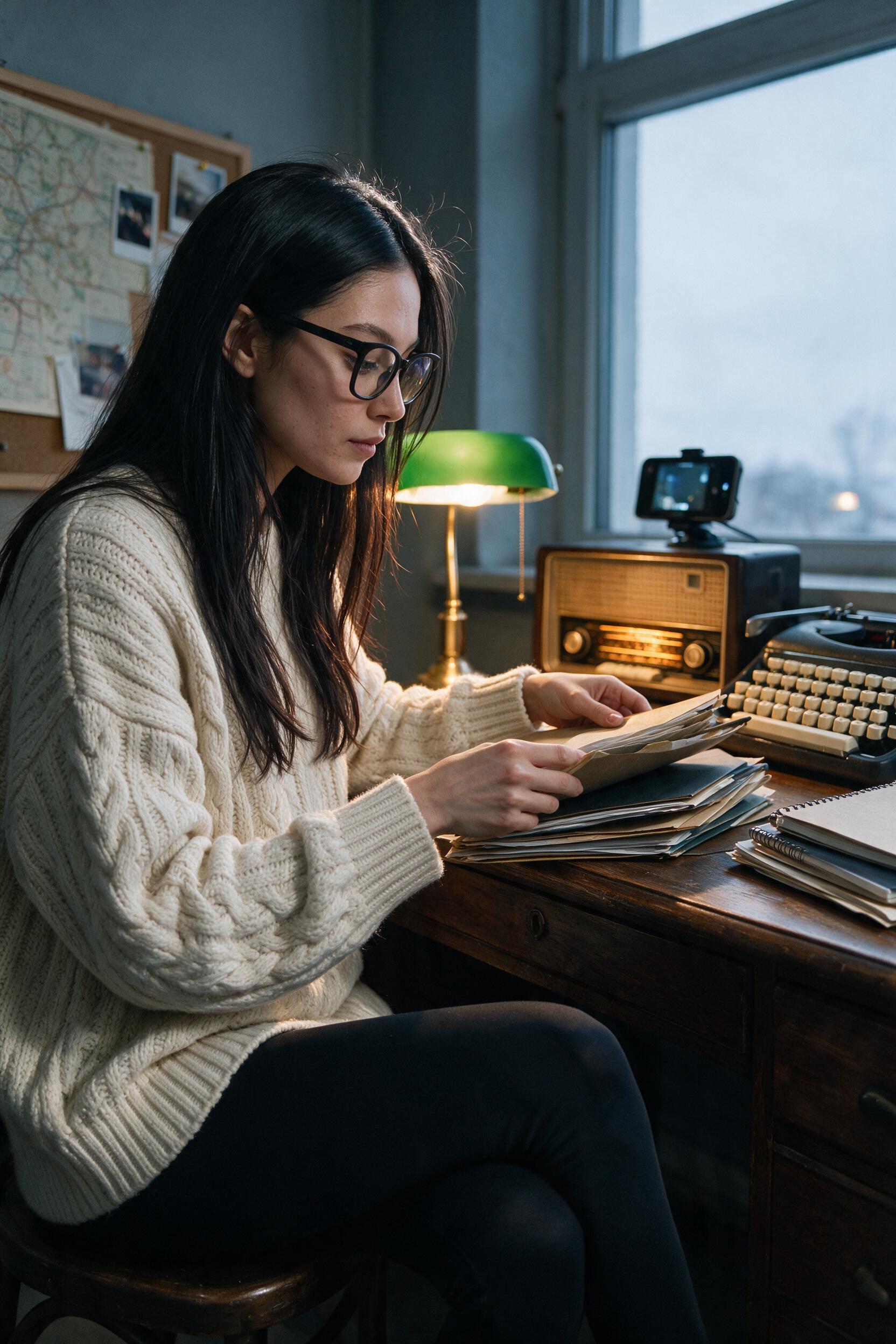 Woman in cream sweater sorts folders at writing desk with green lamp
