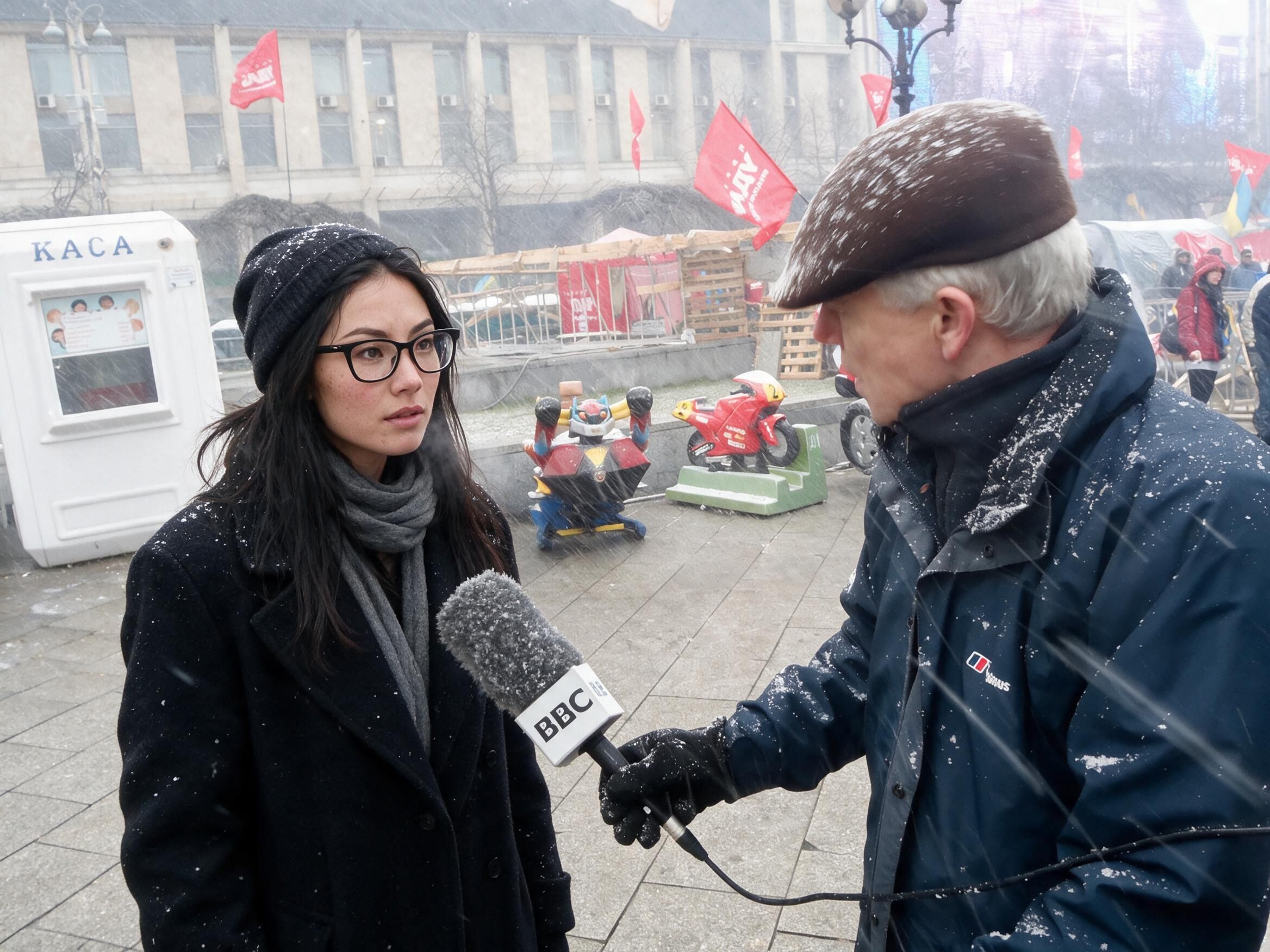Me interviewed in falling snow by a journalist with a BBC mic at the memorial camp.