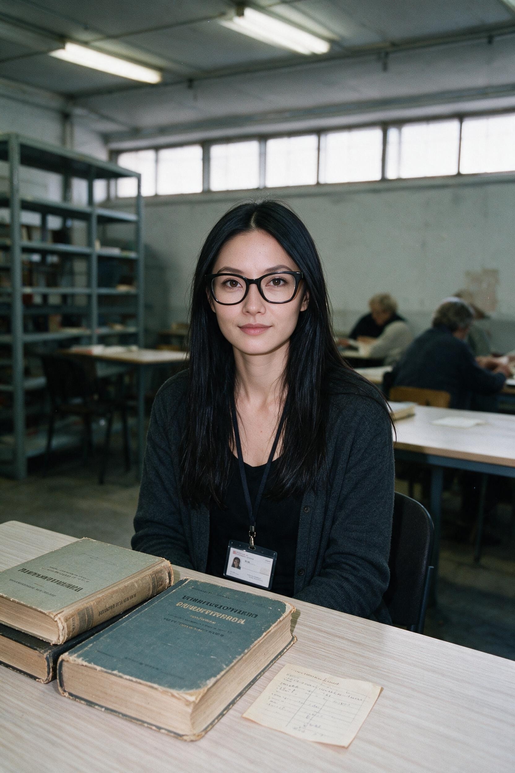Me at a library table in Moscow with three operating manuals and a request slip.