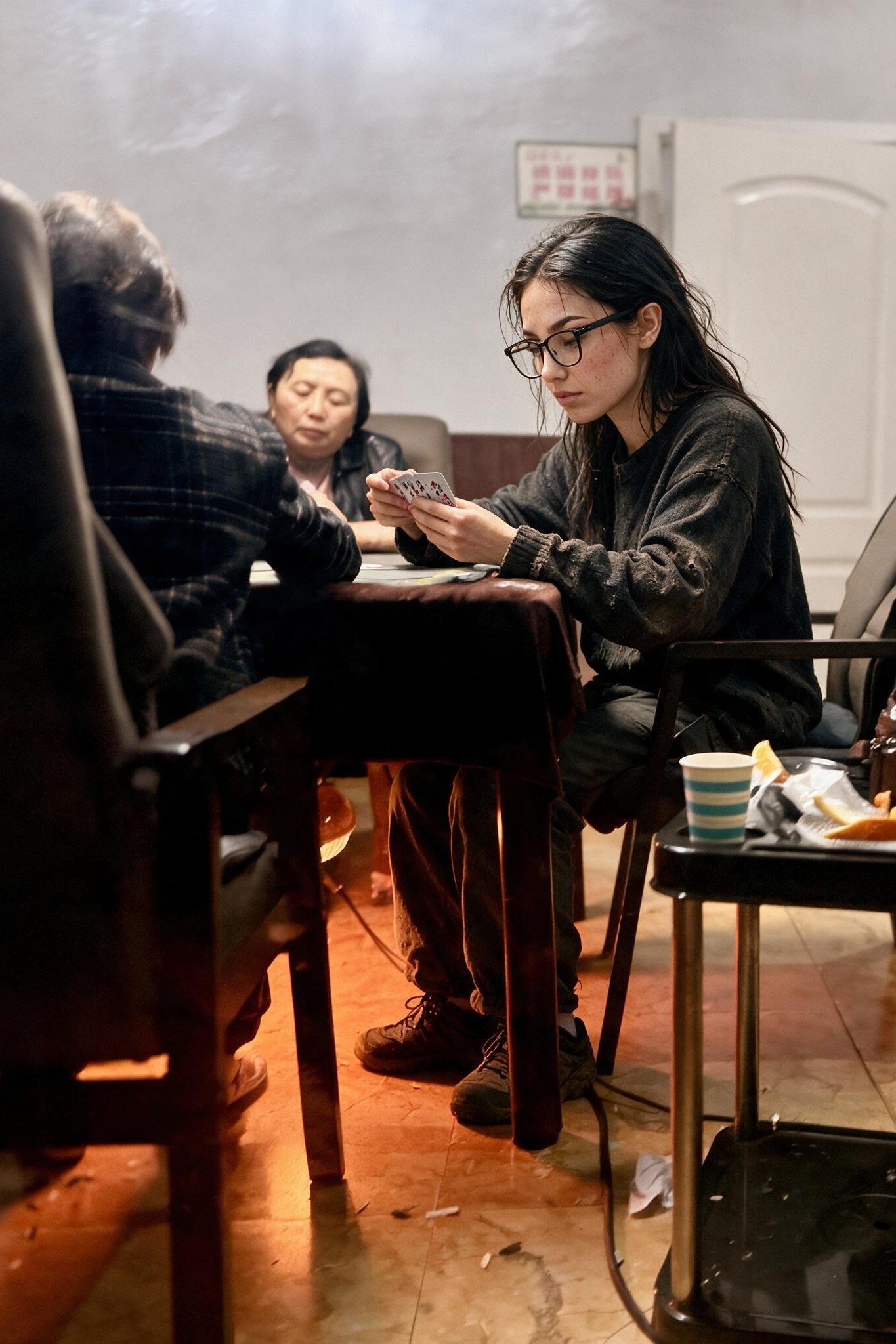 Through a window: me playing cards with two older Chinese women, thermos cart beside.