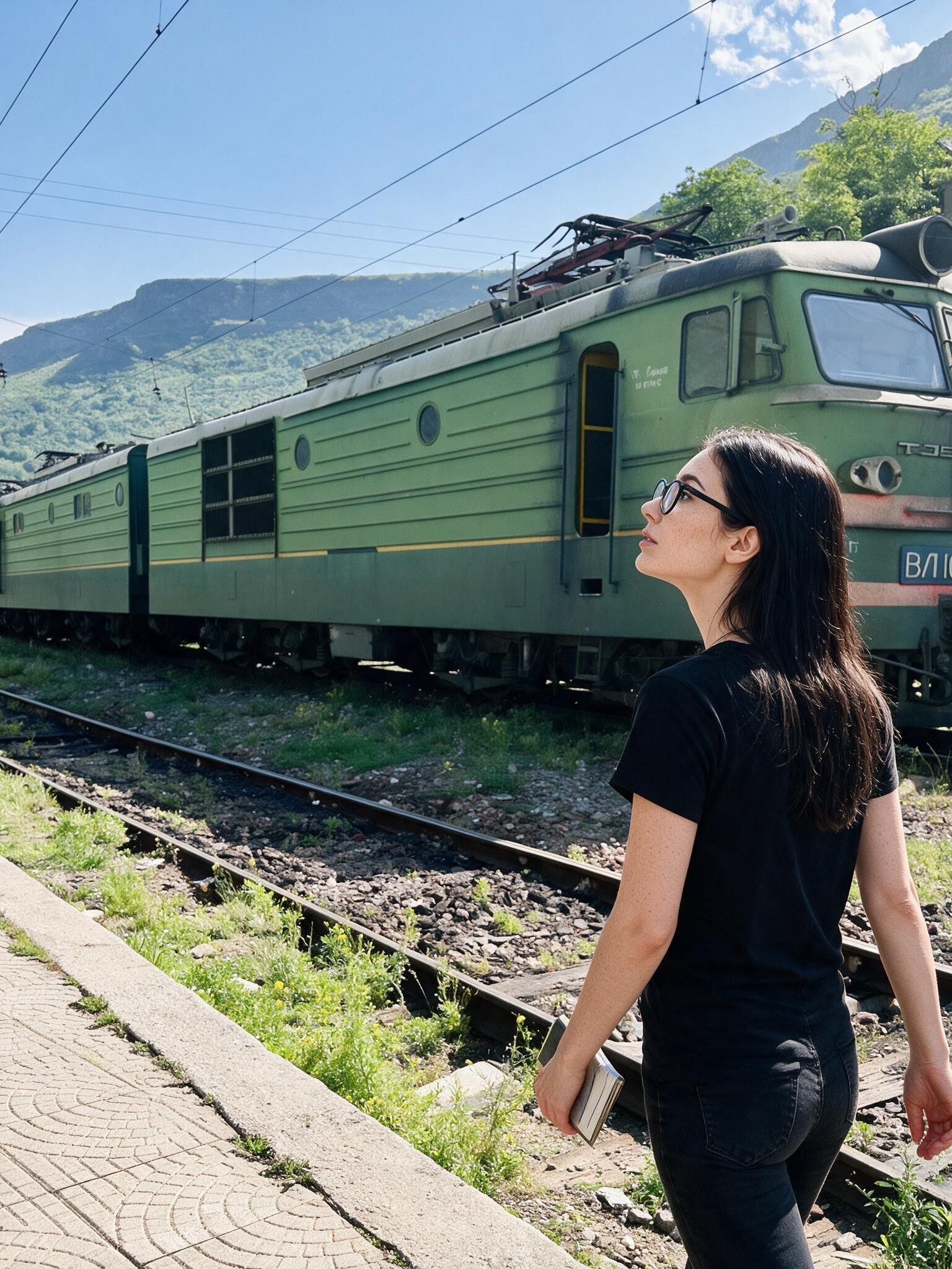 Me walking overgrown tracks past three green VL10 locomotives in a gorge.