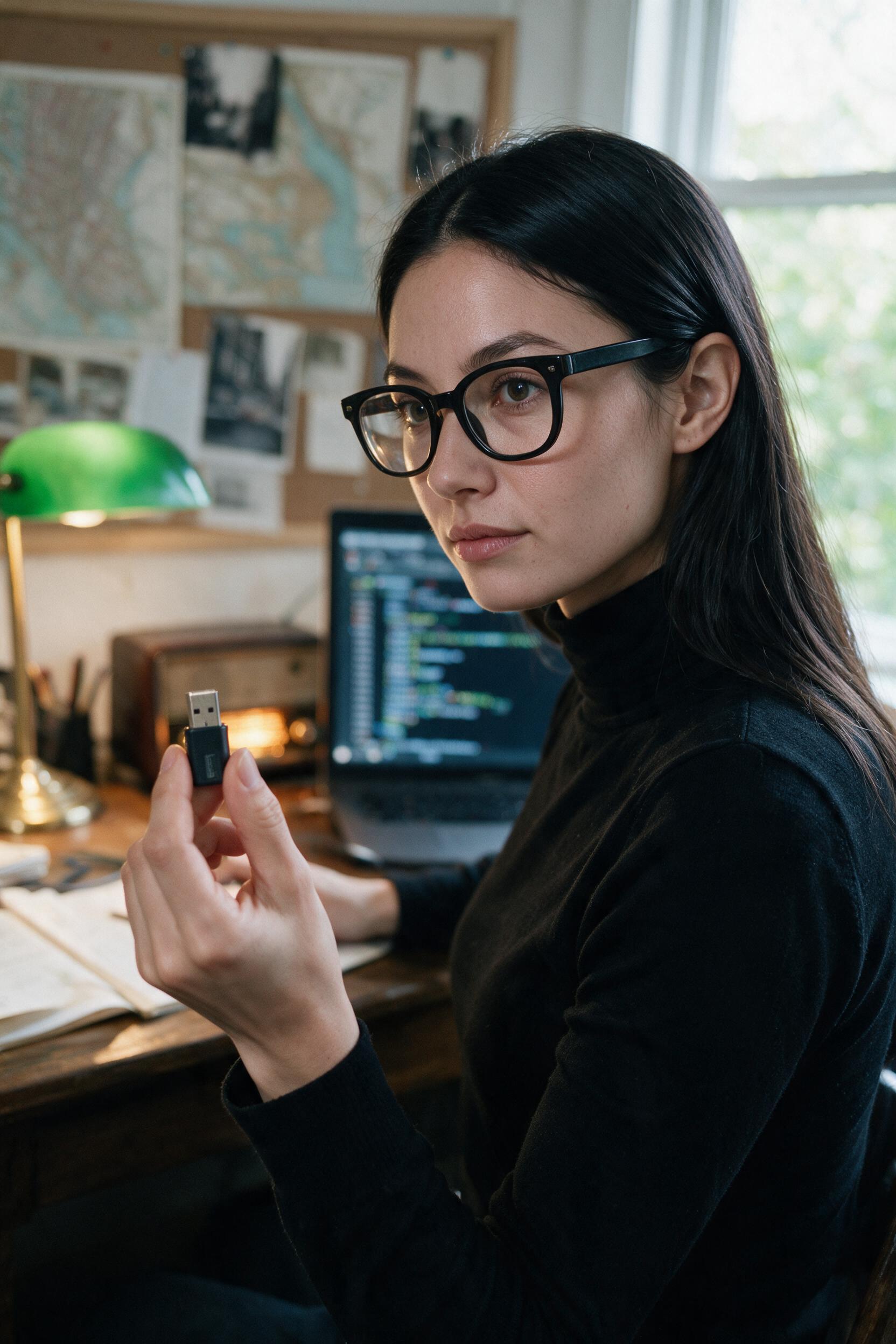 Me at my desk holding a memory stick up between two fingers, the green lamp on, the wall behind covered in maps and clippings.