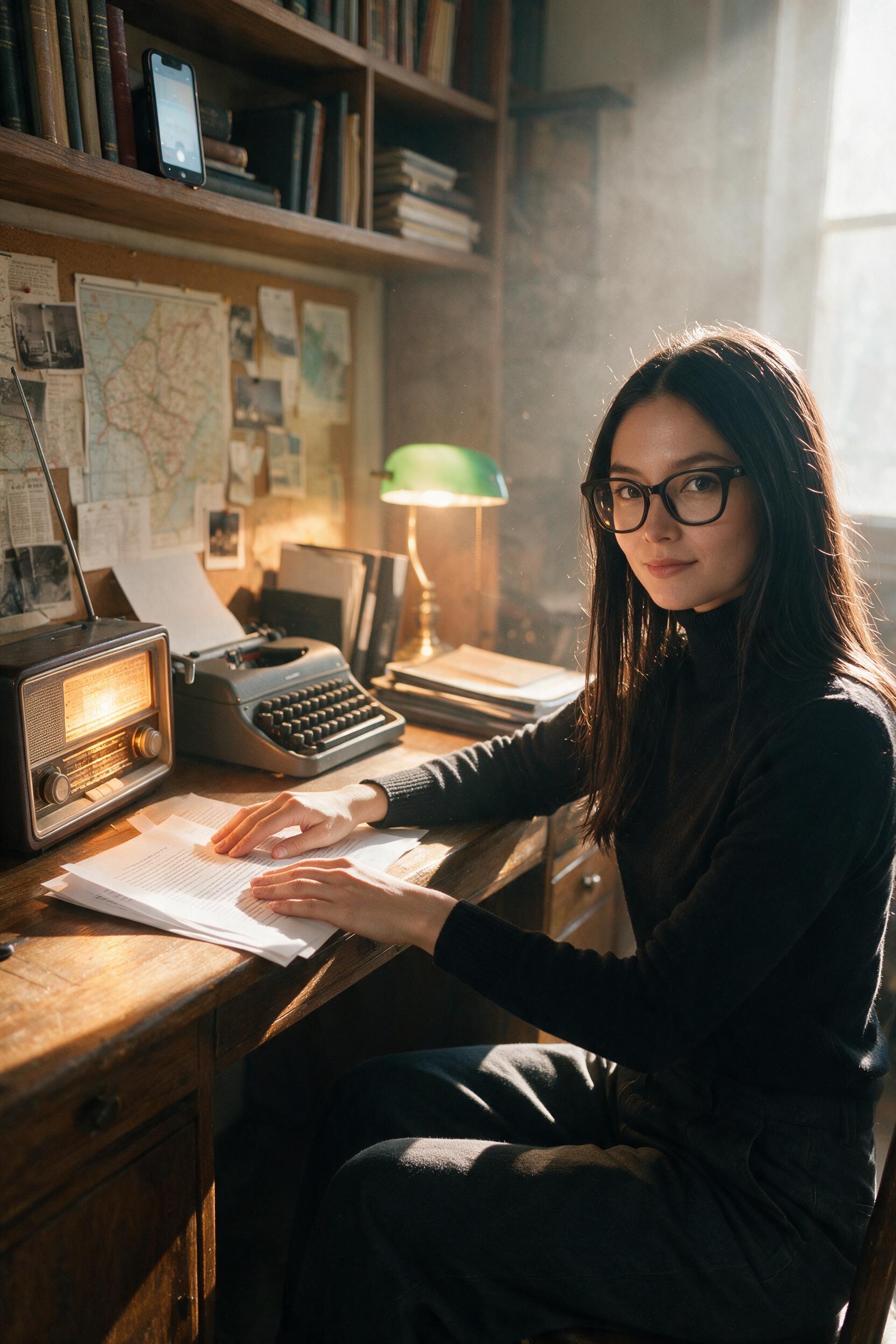 Woman in black turtleneck smooths proofs at desk with glowing radio
