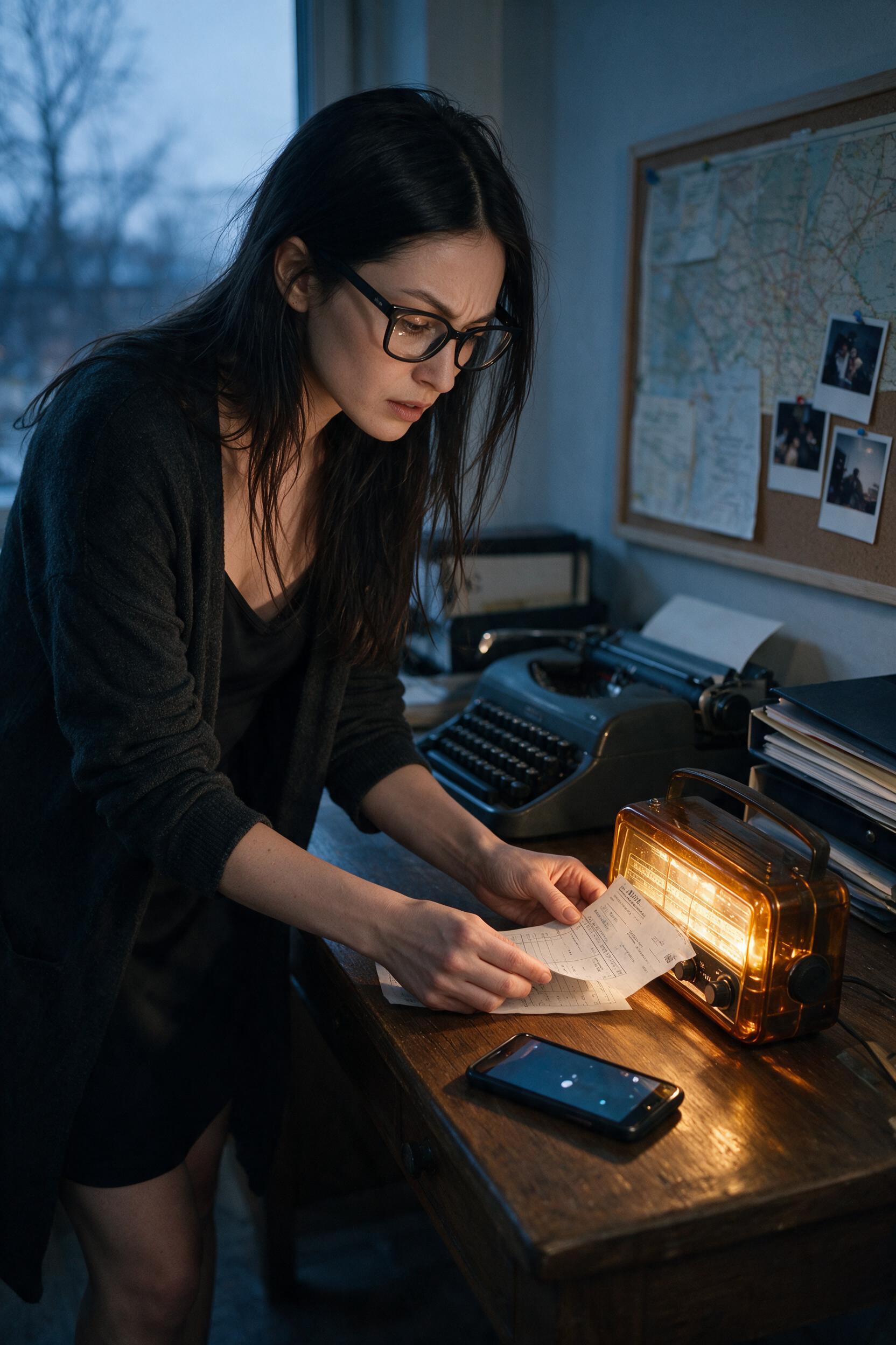 Novelist in charcoal cardigan reviews invoice at desk with amber radio
