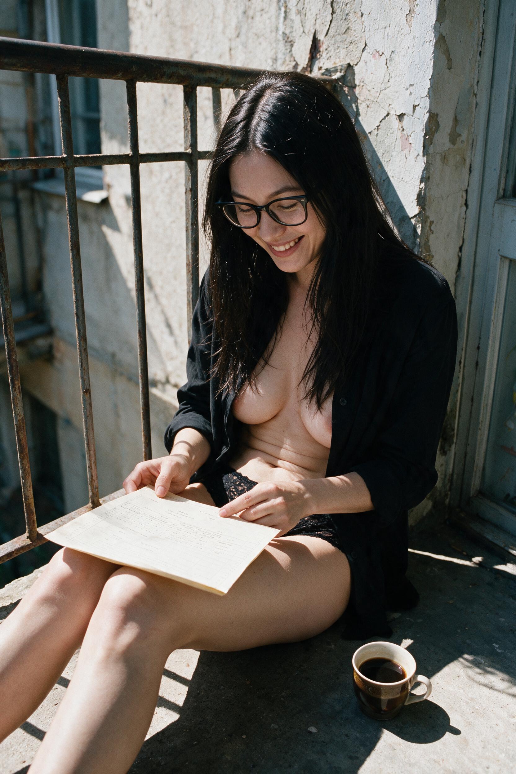 Me on the balcony in the afternoon with the printed sheet across my knees and a coffee beside me.