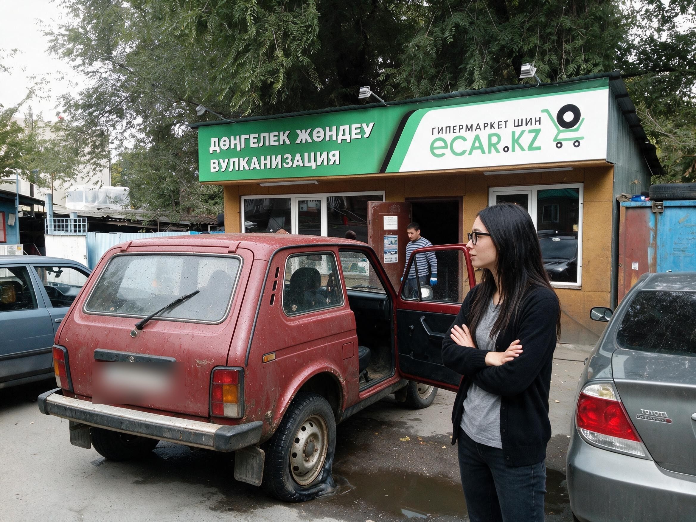 Me by the red Niva at an Almaty tire workshop, one tire very flat.