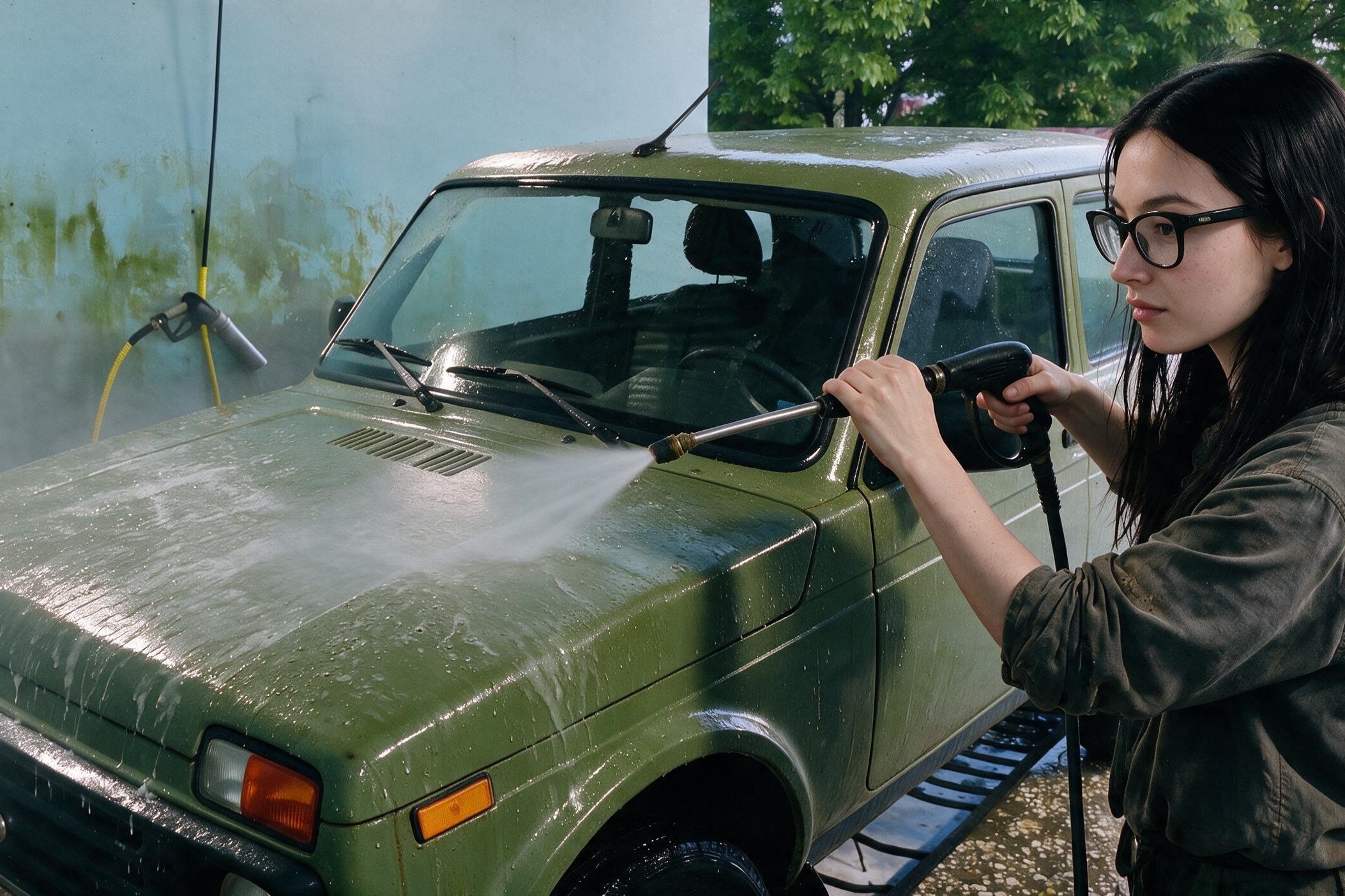 Novelist in a dark work shirt pressure-washing the borrowed olive-green Lada Niva in a wash bay, spray misting around the car.