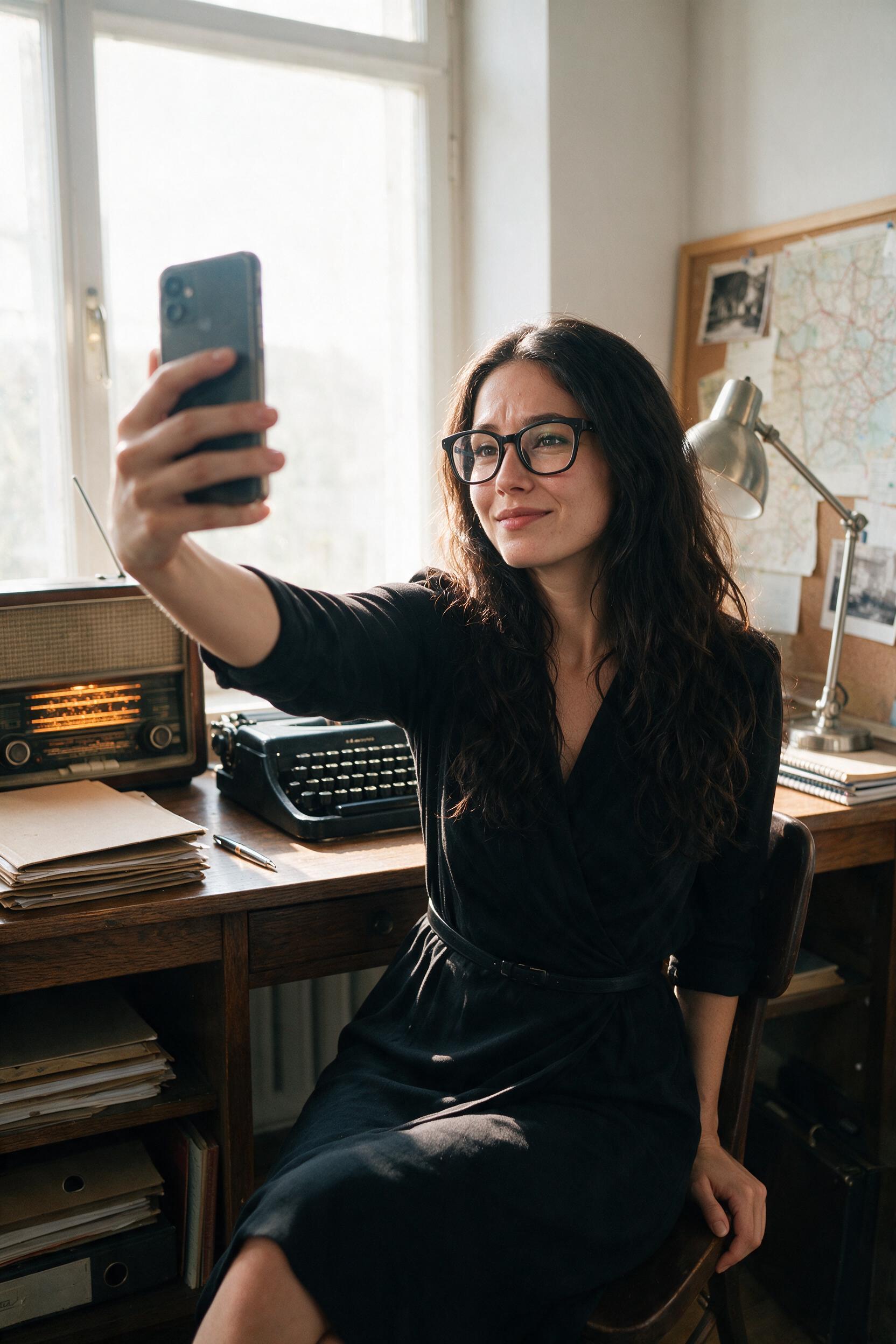 Elara in a black wrap dress at her oak desk, lifting a folder with a wry smile