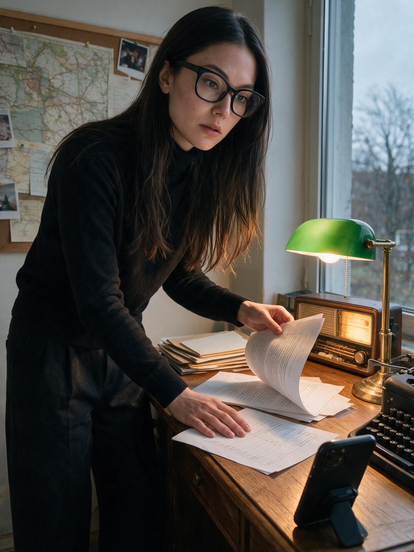 Novelist at oak desk studying thin royalty statement under green banker's lamp