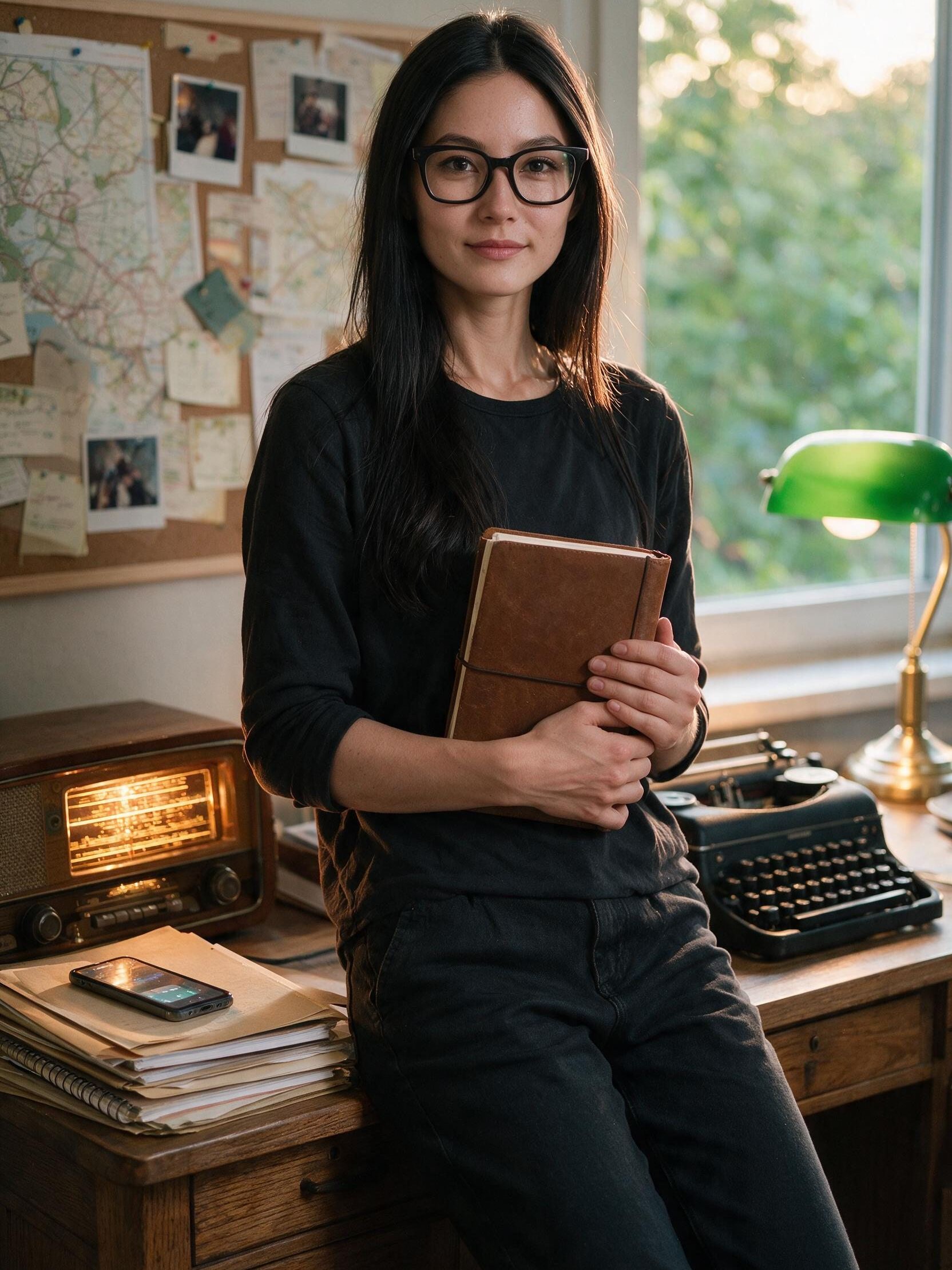 Me at the oak desk with a notebook beside the amber shortwave.