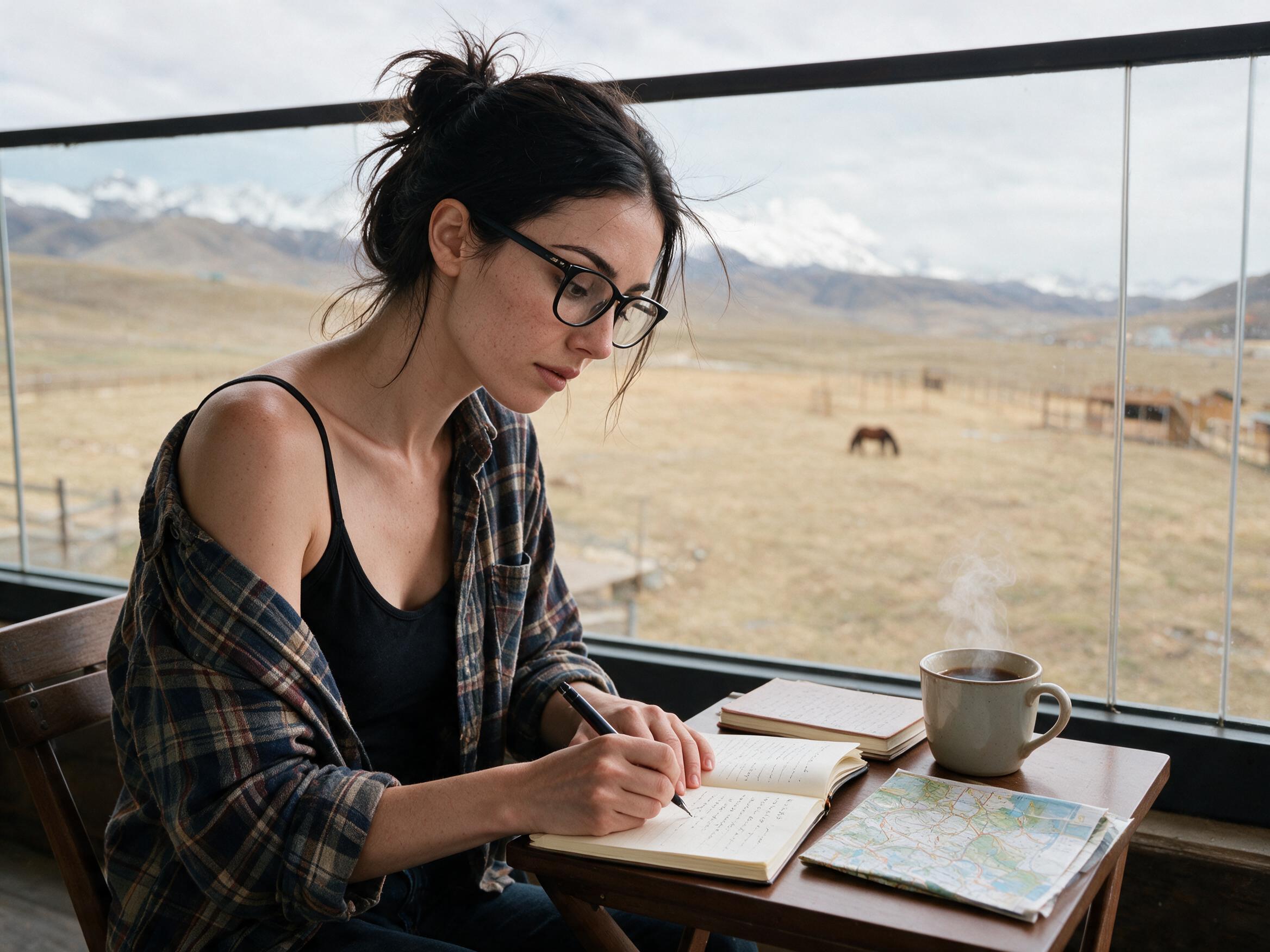 Me writing at a balcony table above grasslands with horses. Flannel off one shoulder.
