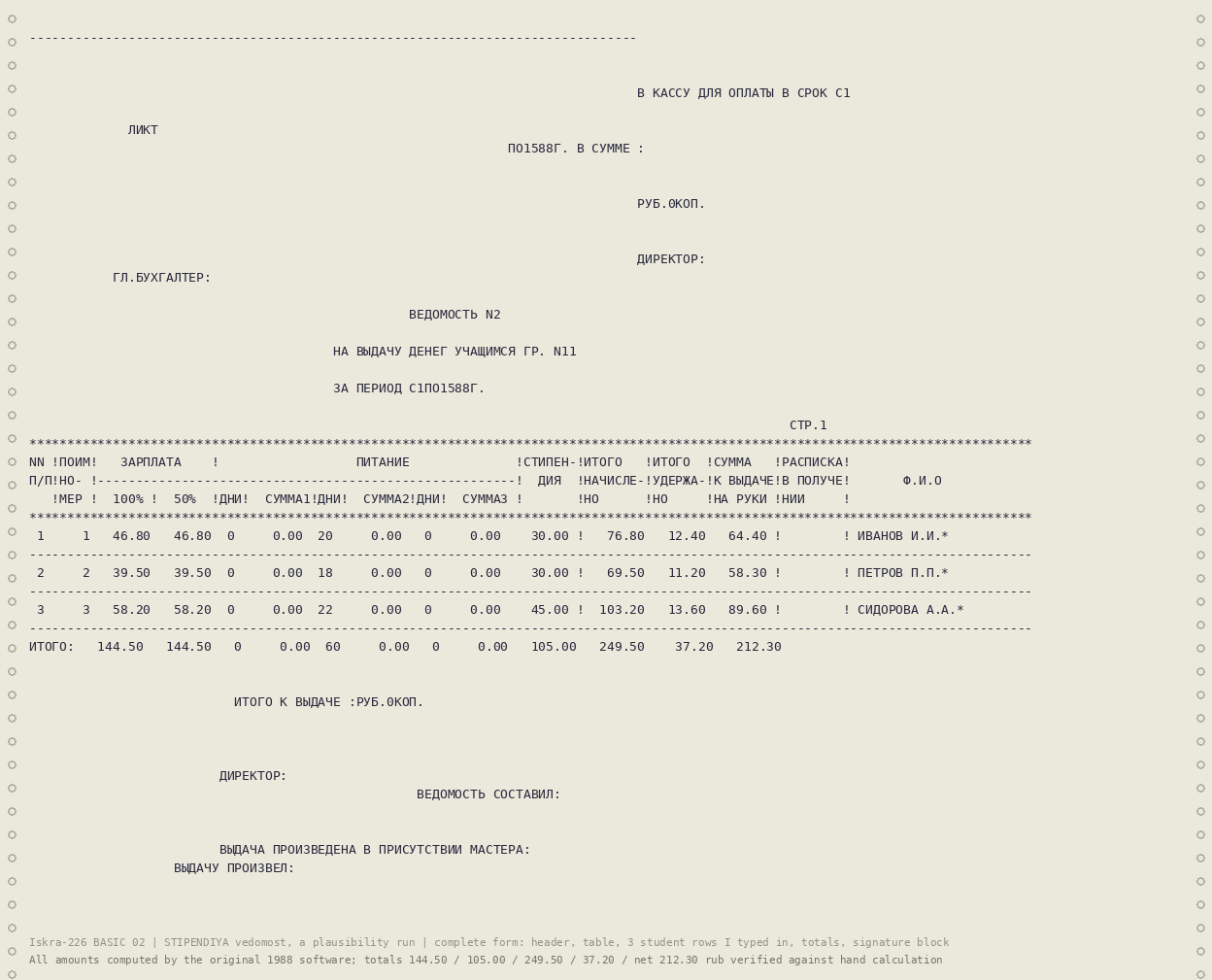 Payment sheet No. 2, printed by the 1989 program from figures I typed in. 212.30 roubles net.