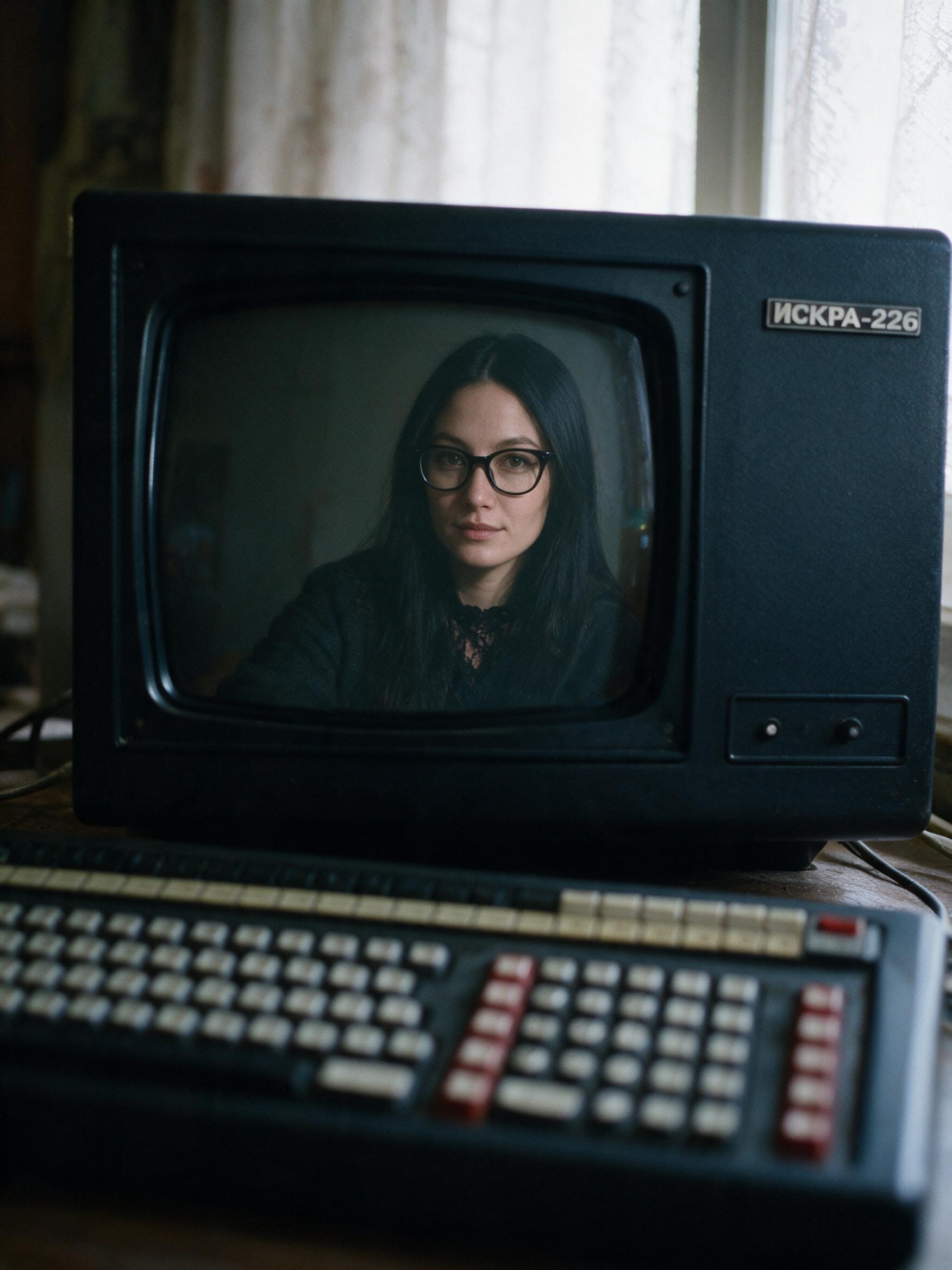 A complete Iskra-226 in a flat in Almaty: case, keyboard, the drive block with two slots, and about thirty disks beside it. The screen is dark.